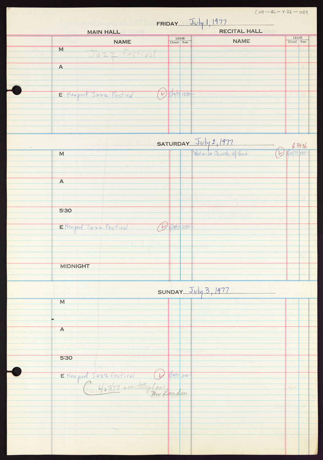 Carnegie Hall Booking Ledger, volume 22, page 89