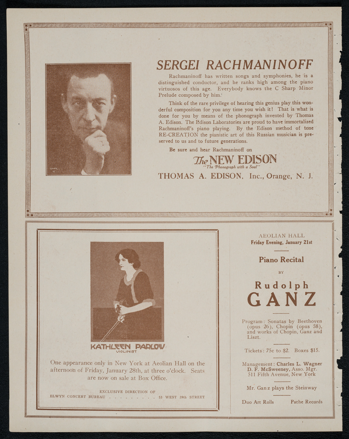 Sergei Rachmaninoff, Piano, January 18, 1921, program page 2