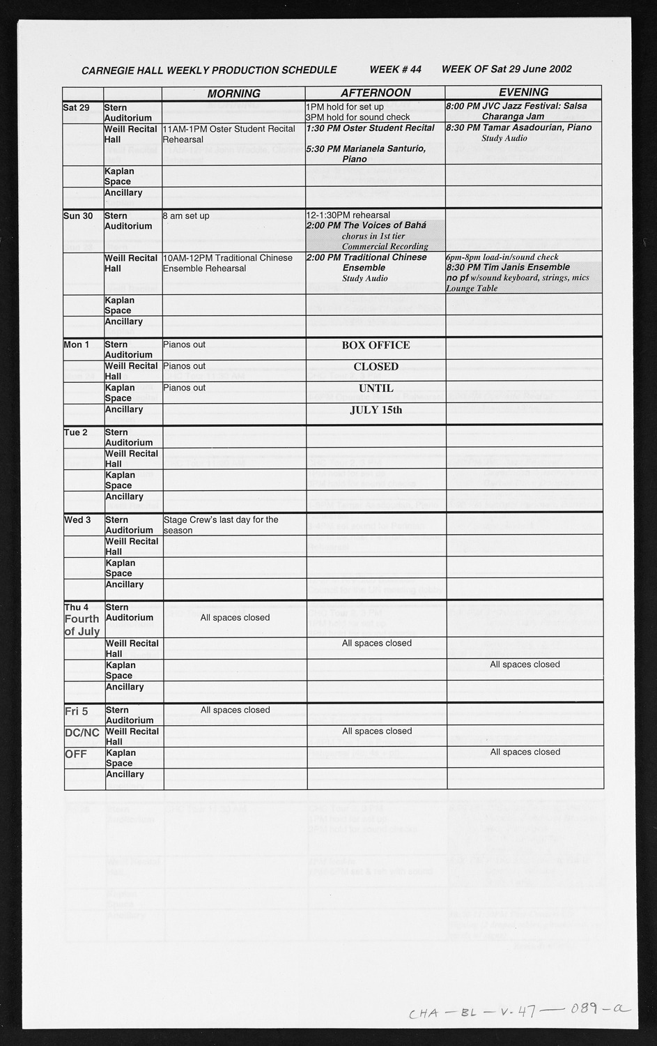 Carnegie Hall Booking Ledger, volume 47, page 89a