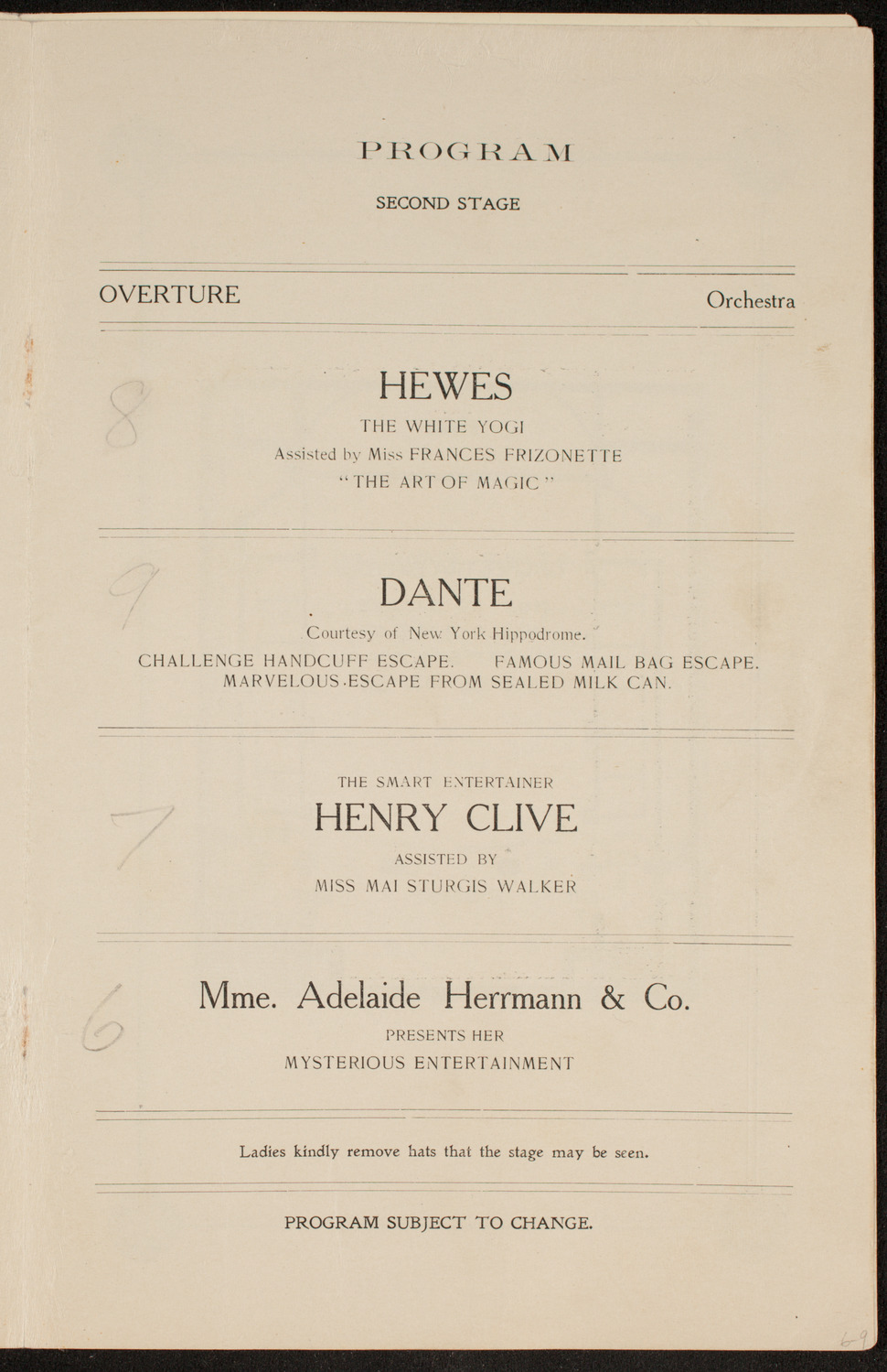 Society of American Magicians, January 14, 1911, program page 9