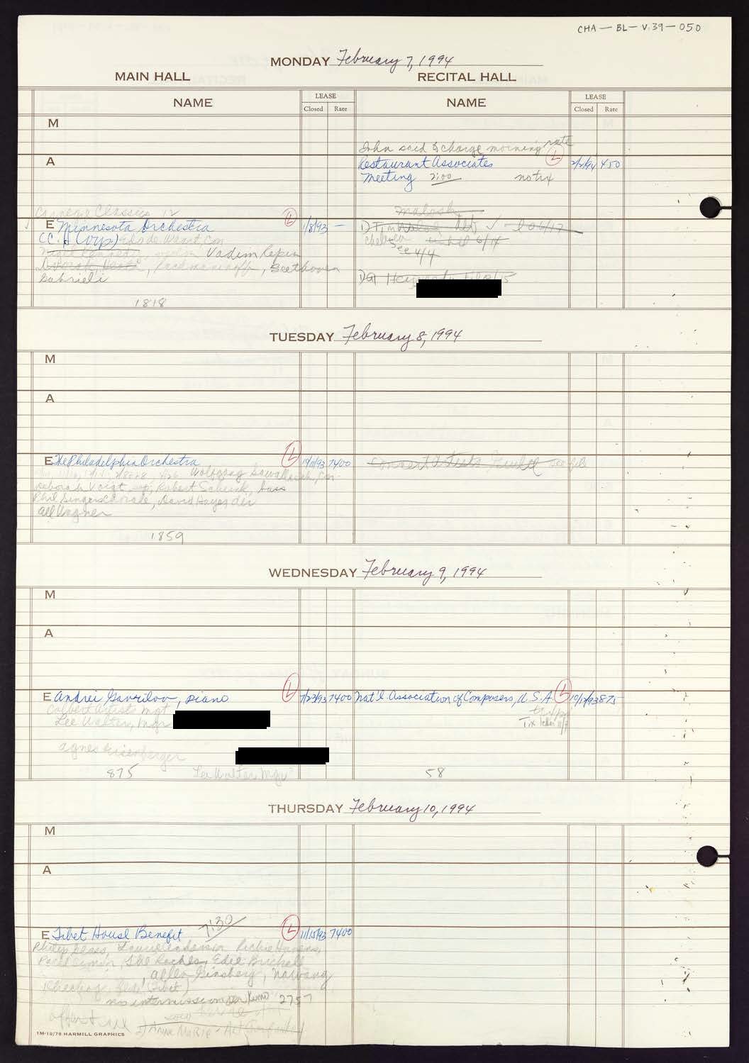 Carnegie Hall Booking Ledger, volume 39, page 50