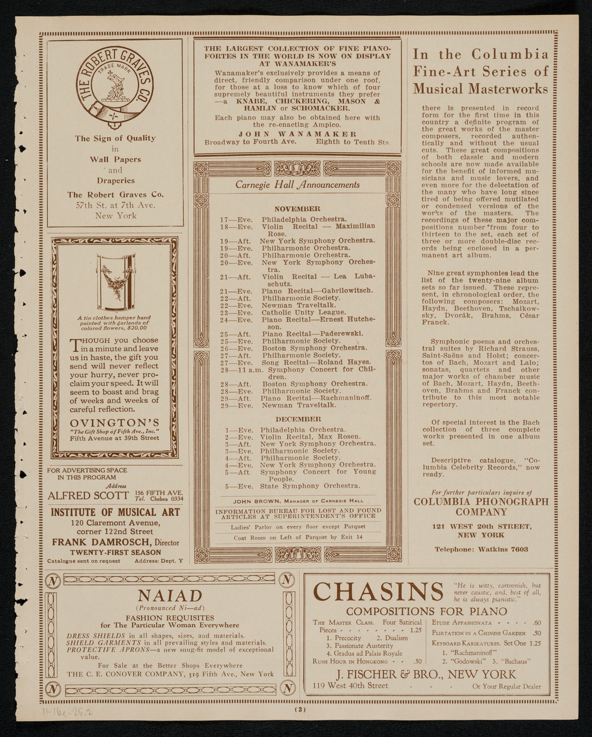 Percy Grainger, Piano, November 16, 1925, program page 3