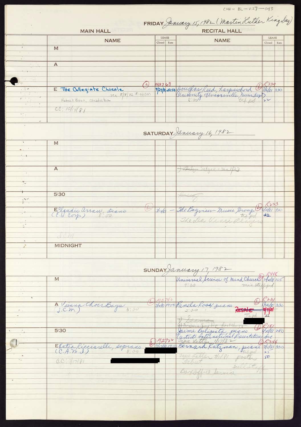 Carnegie Hall Booking Ledger, volume 27, page 43