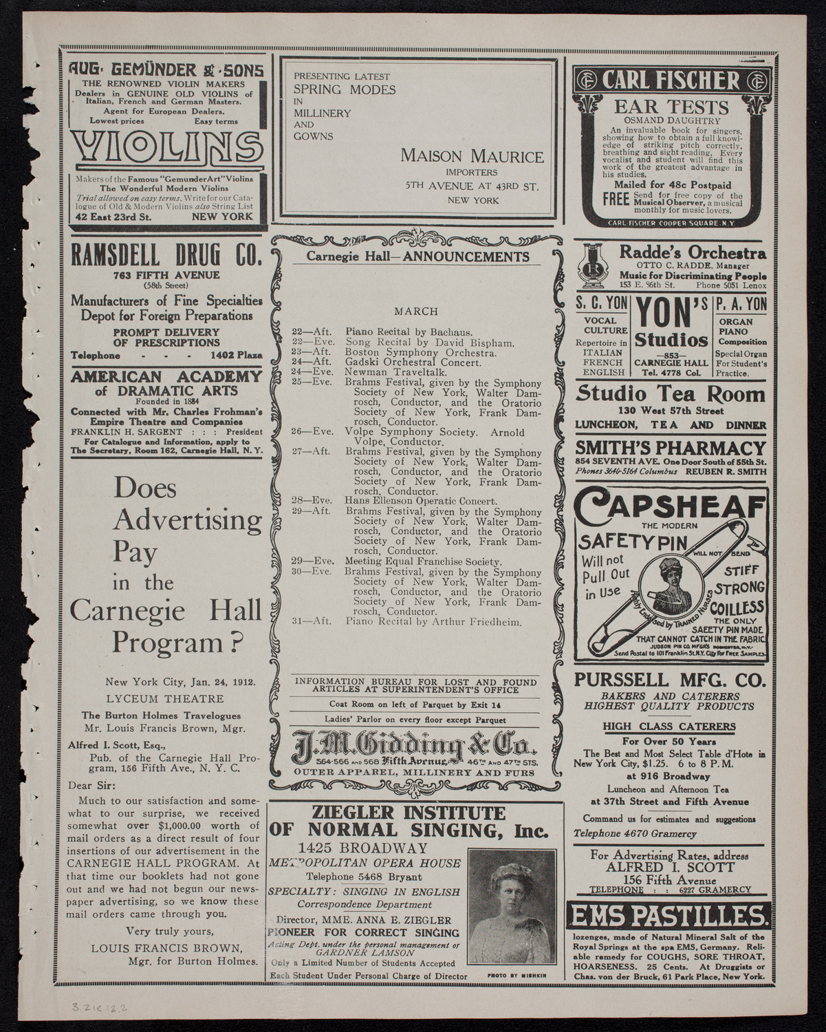 Boston Symphony Orchestra, March 21, 1912, program page 3