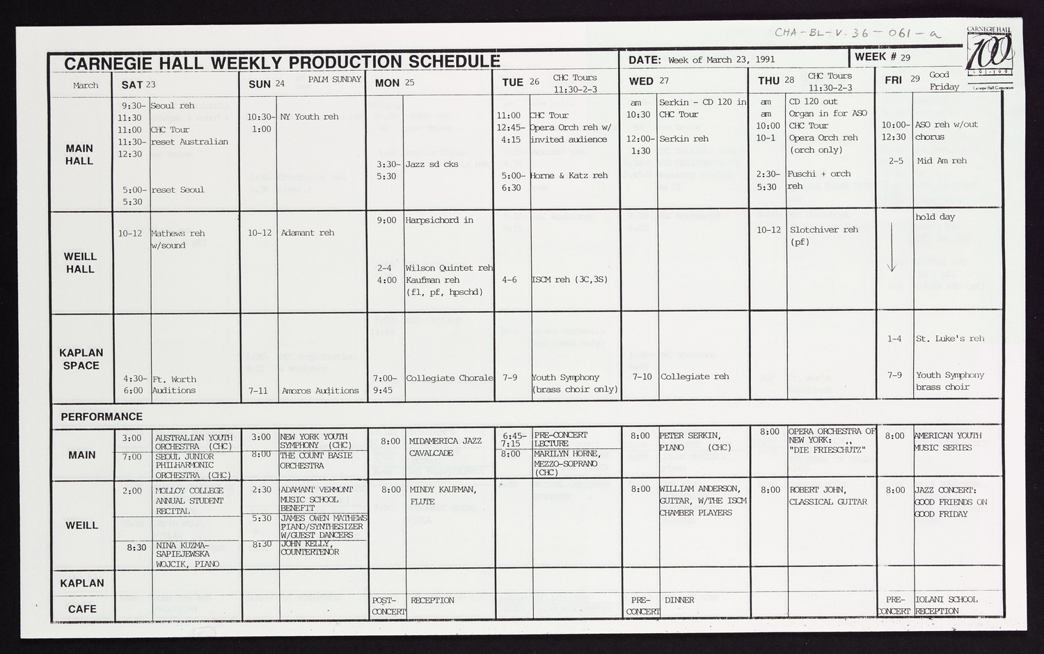 Carnegie Hall Booking Ledger, volume 36, page 61a