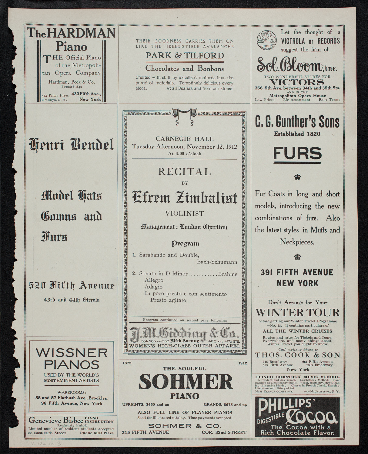 Efrem Zimbalist, Violin, November 12, 1912, program page 5
