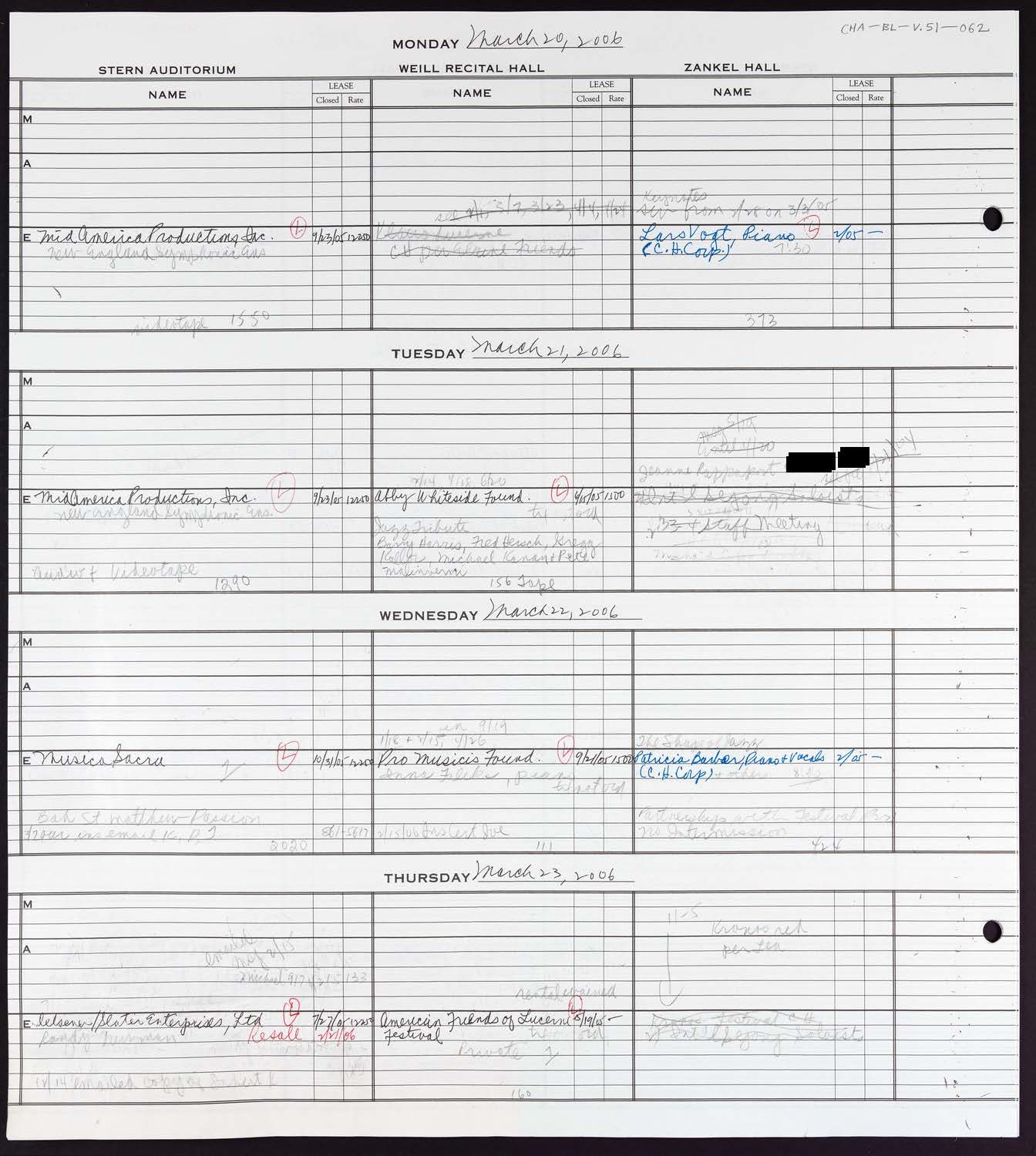 Carnegie Hall Booking Ledger, volume 51, page 62