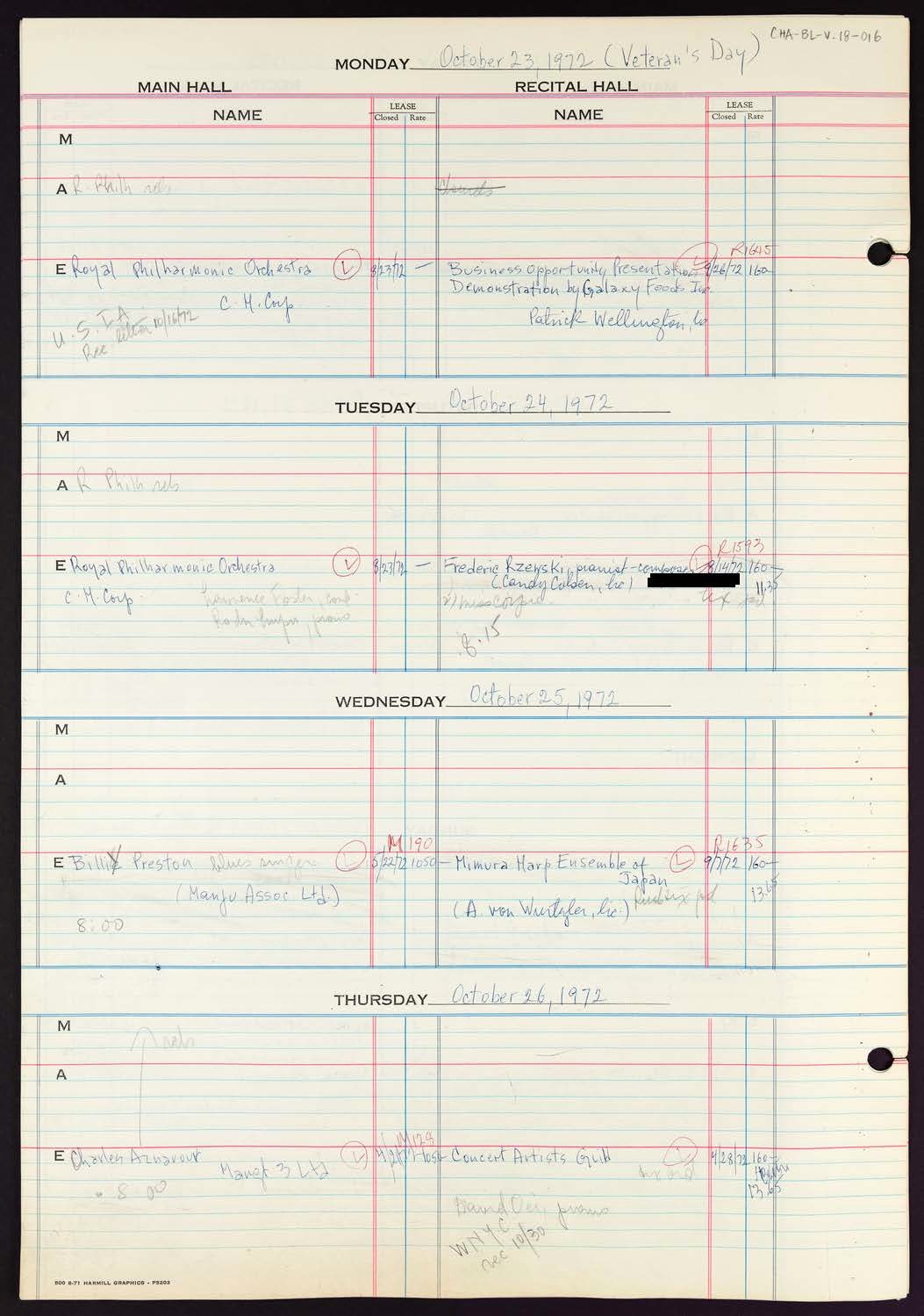 Carnegie Hall Booking Ledger, volume 18, page 16