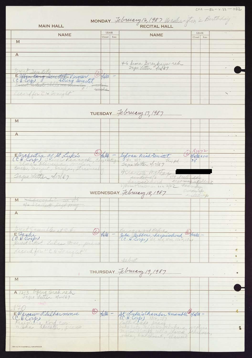 Carnegie Hall Booking Ledger, volume 32, page 52