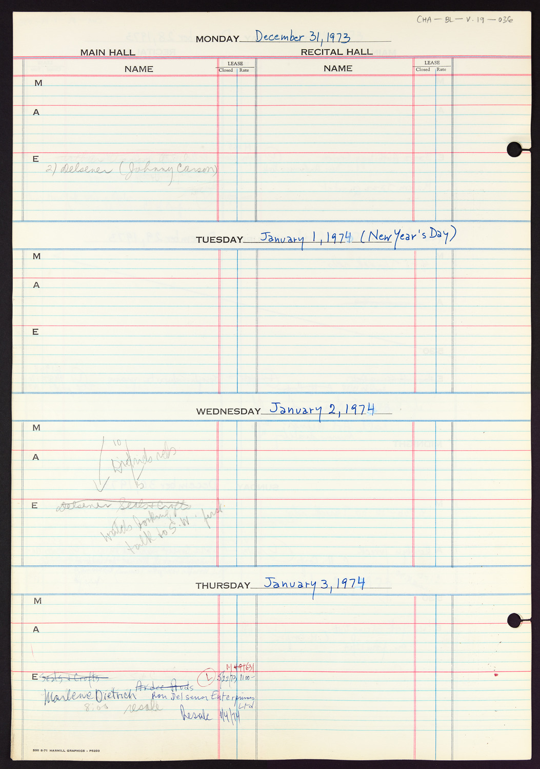 Carnegie Hall Booking Ledger, volume 19, page 36