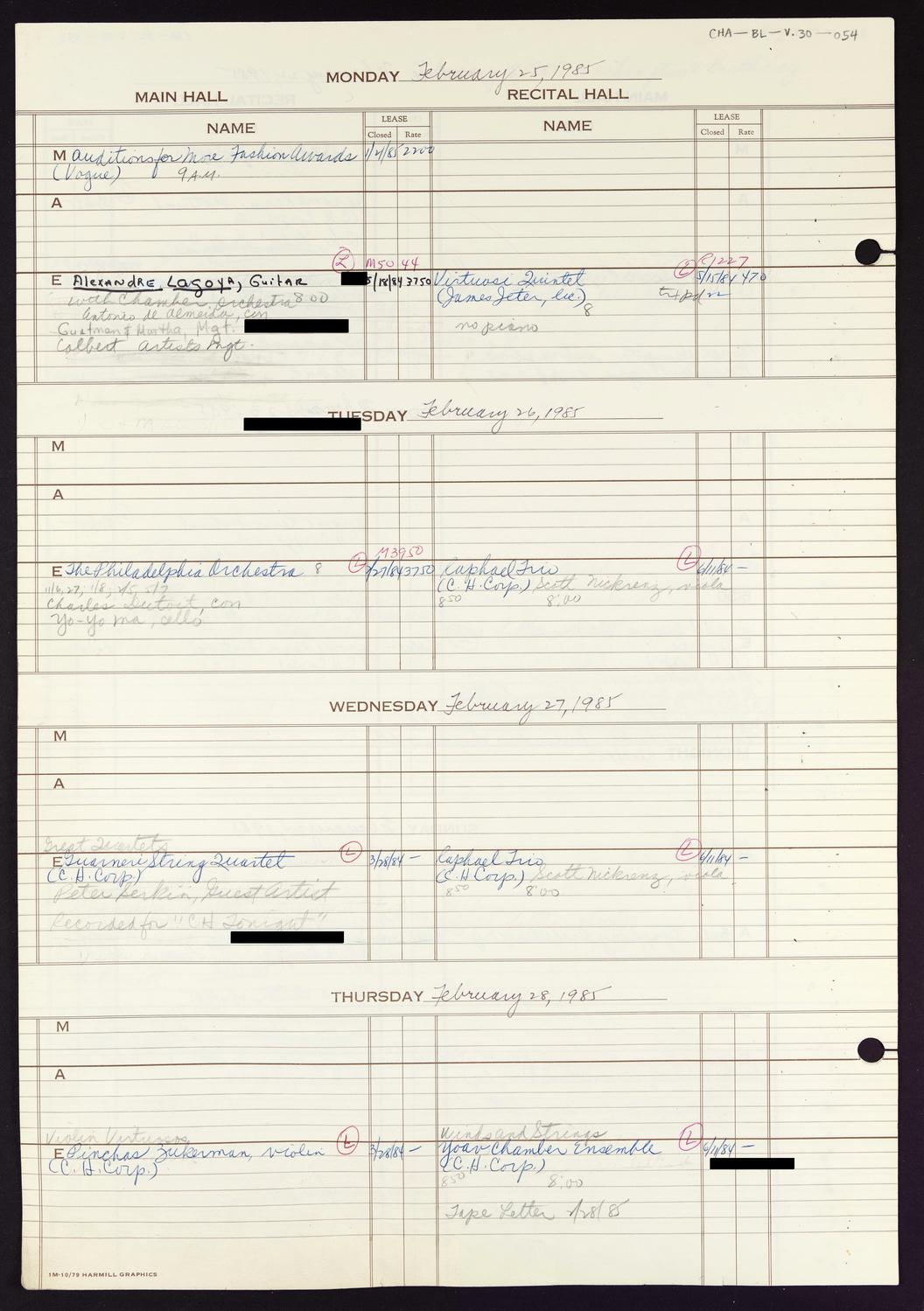 Carnegie Hall Booking Ledger, volume 30, page 54