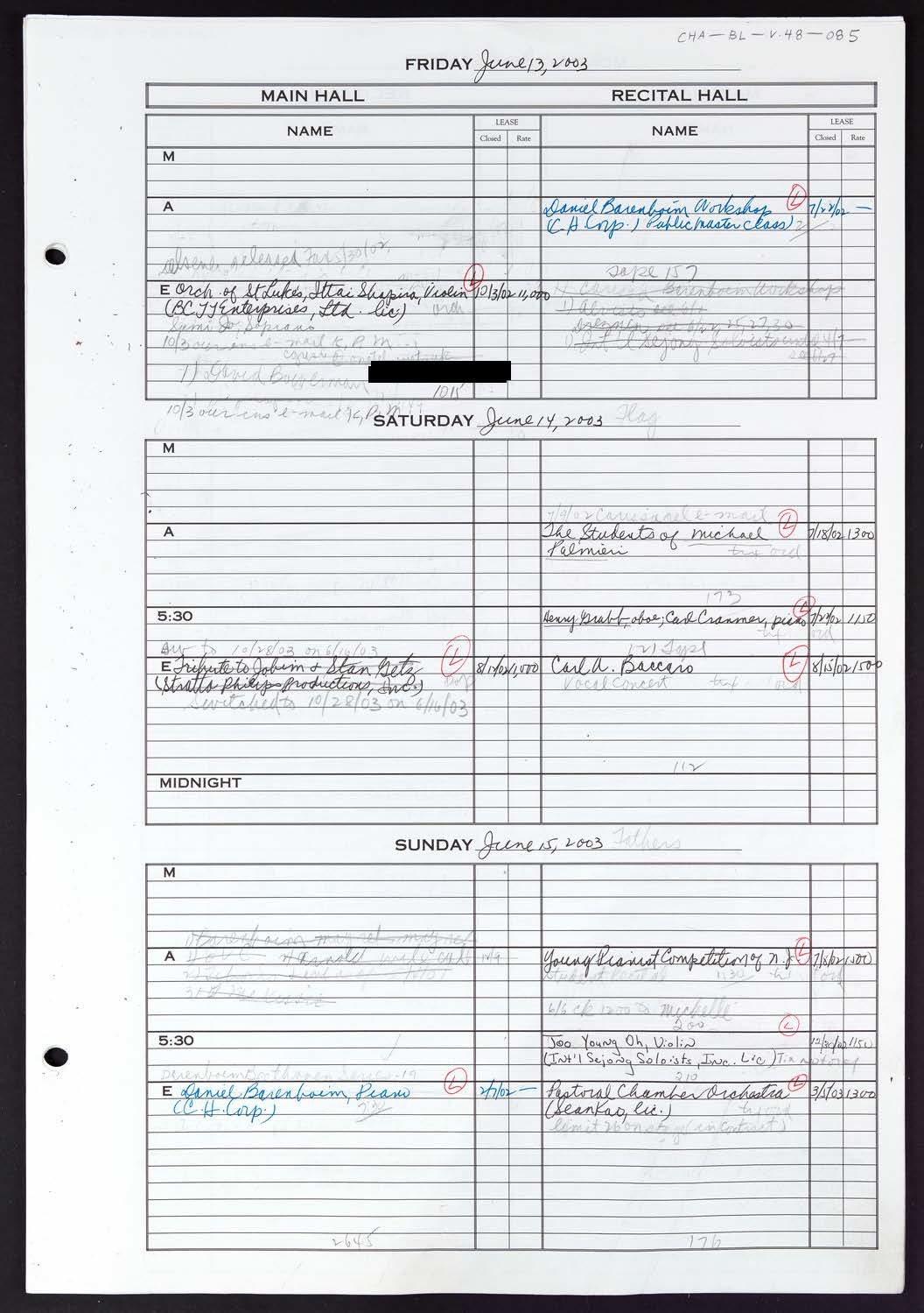 Carnegie Hall Booking Ledger, volume 48, page 85