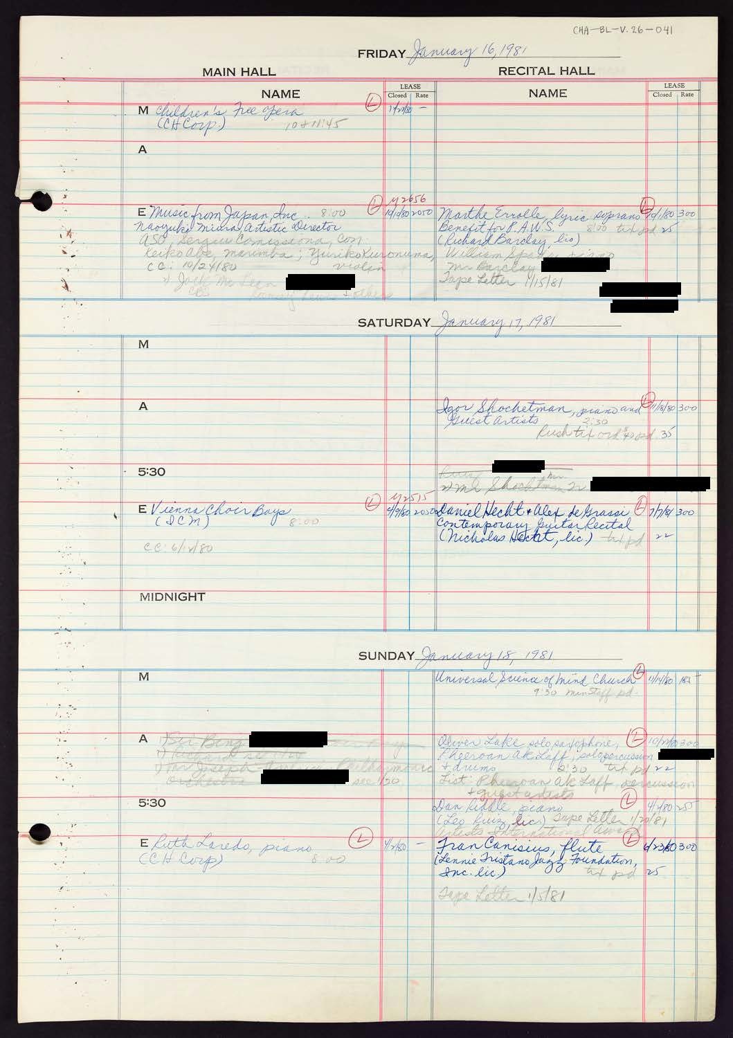 Carnegie Hall Booking Ledger, volume 26, page 41