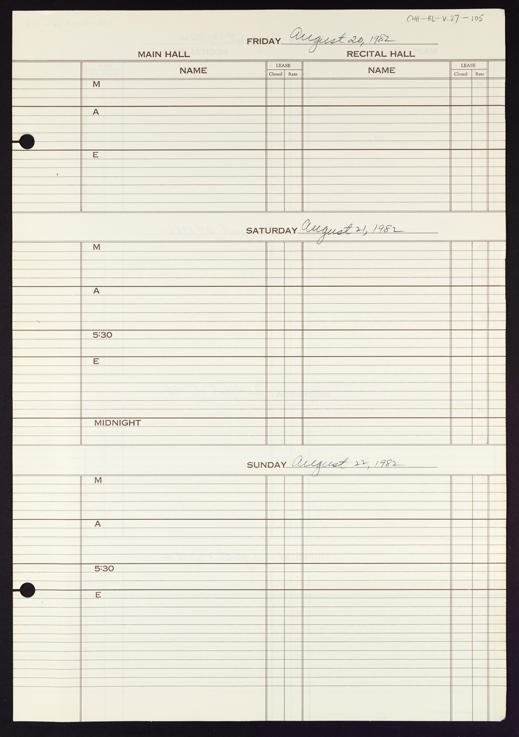 Carnegie Hall Booking Ledger, volume 27, page 105