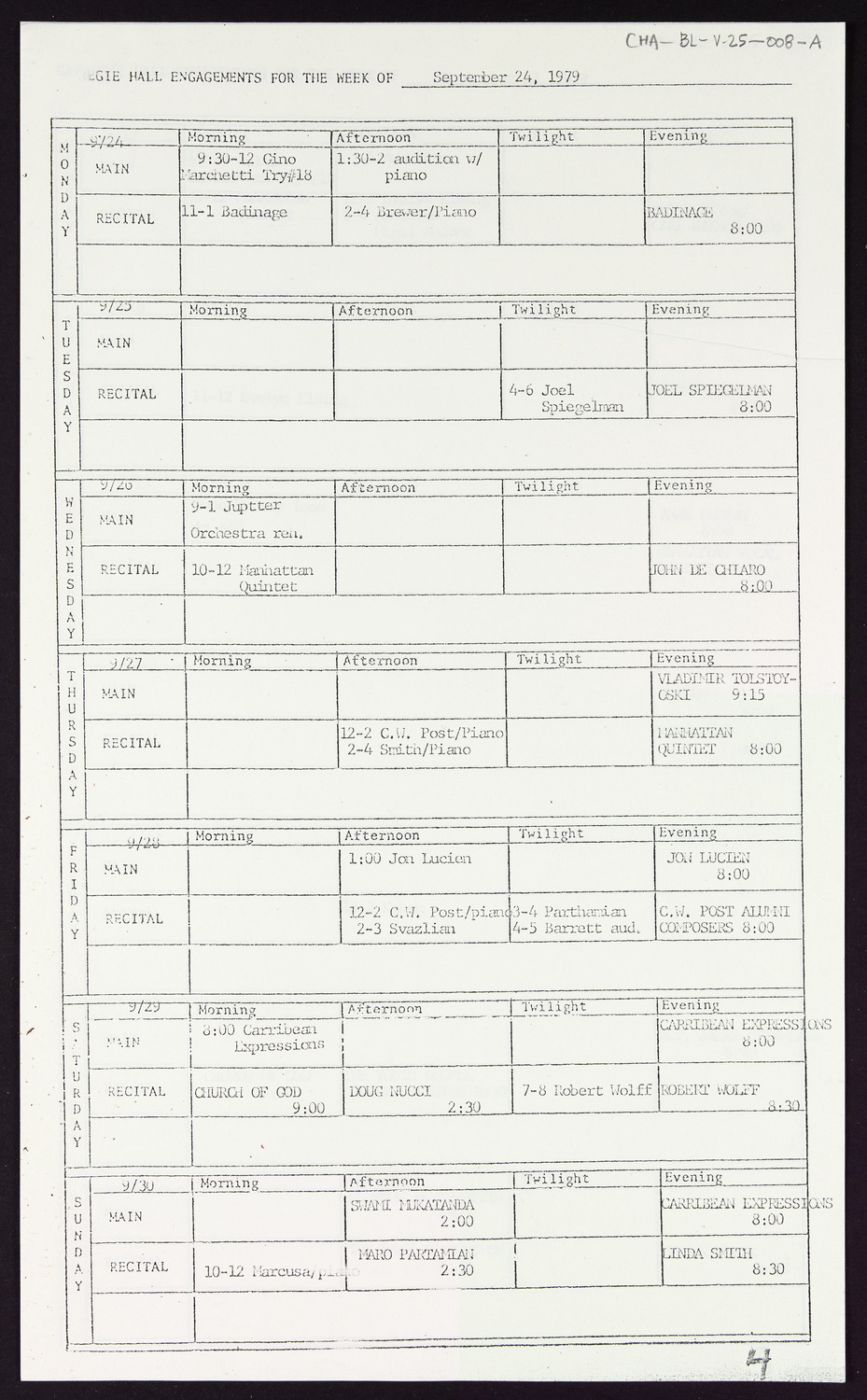 Carnegie Hall Booking Ledger, volume 25, page 8a