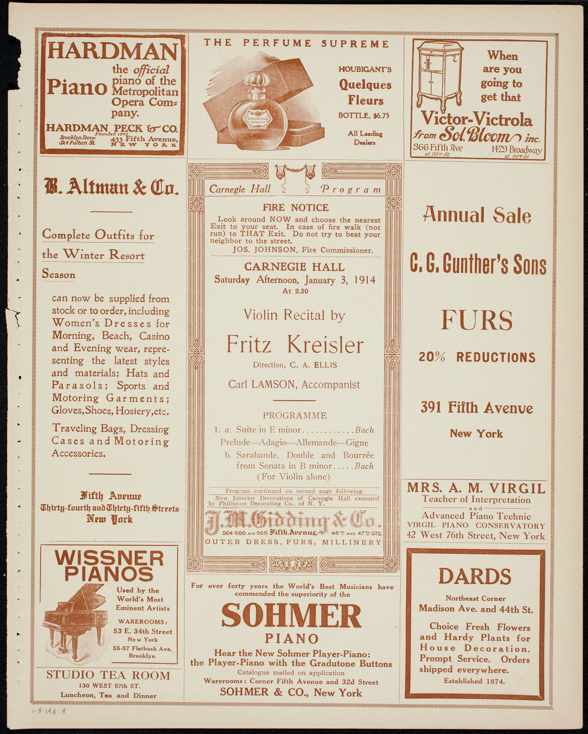 Fritz Kreisler, Violin, January 3, 1914, program page 5