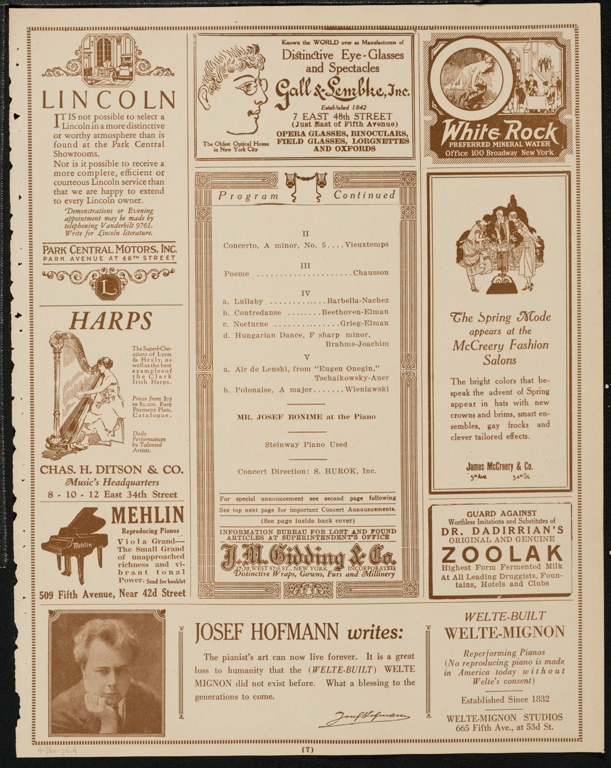 Mischa Elman, Violin, April 26, 1925, program page 7