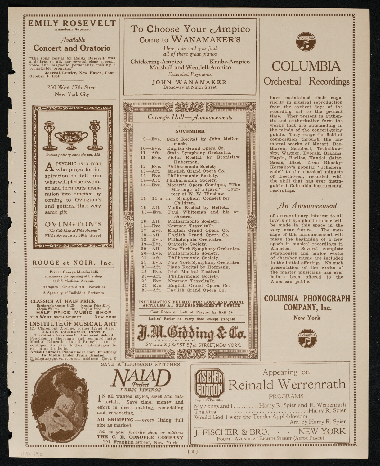 Reinald Werrenrath, Baritone, November 9, 1924, program page 3