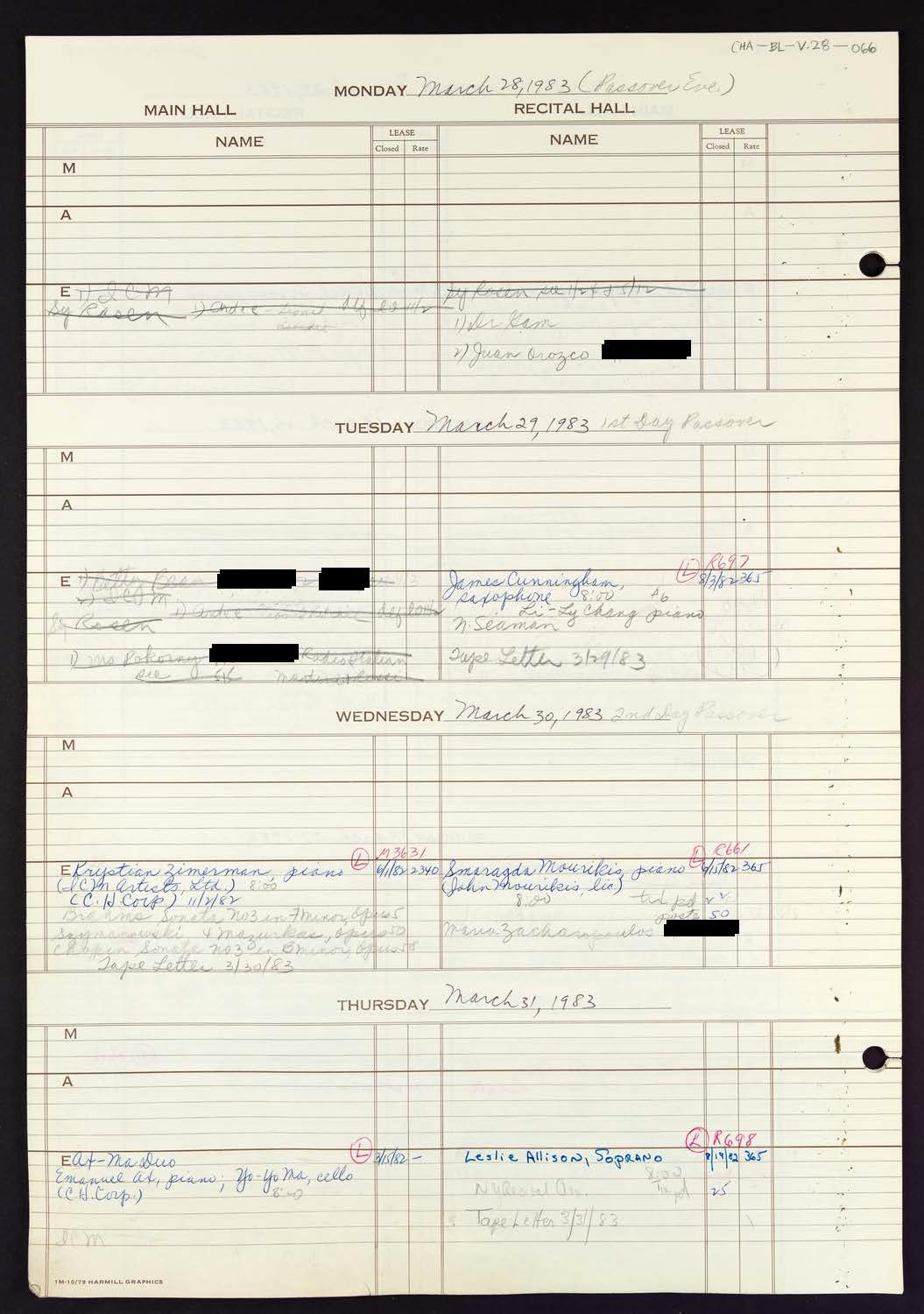 Carnegie Hall Booking Ledger, volume 28, page 66