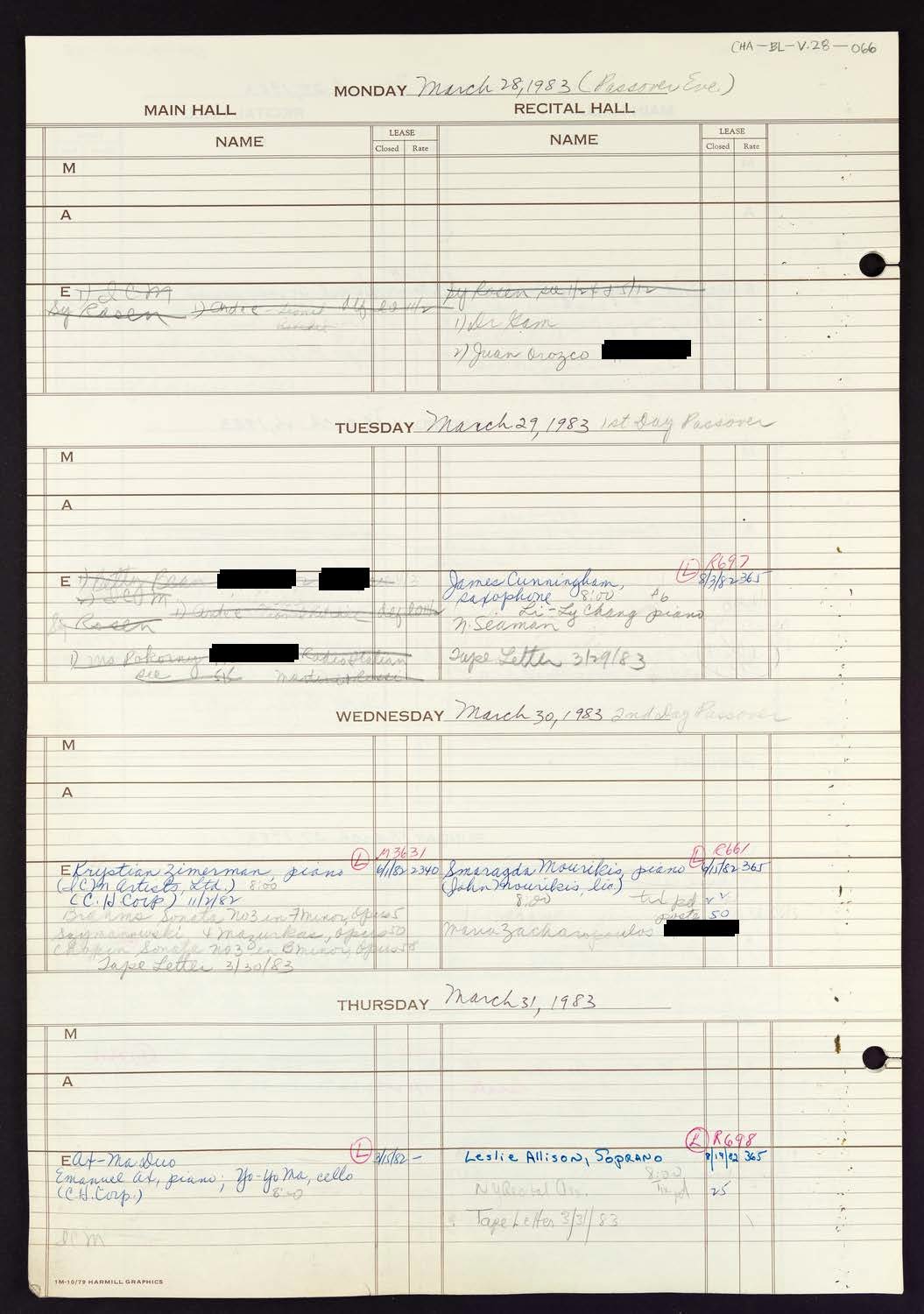 Carnegie Hall Booking Ledger, volume 28, page 66