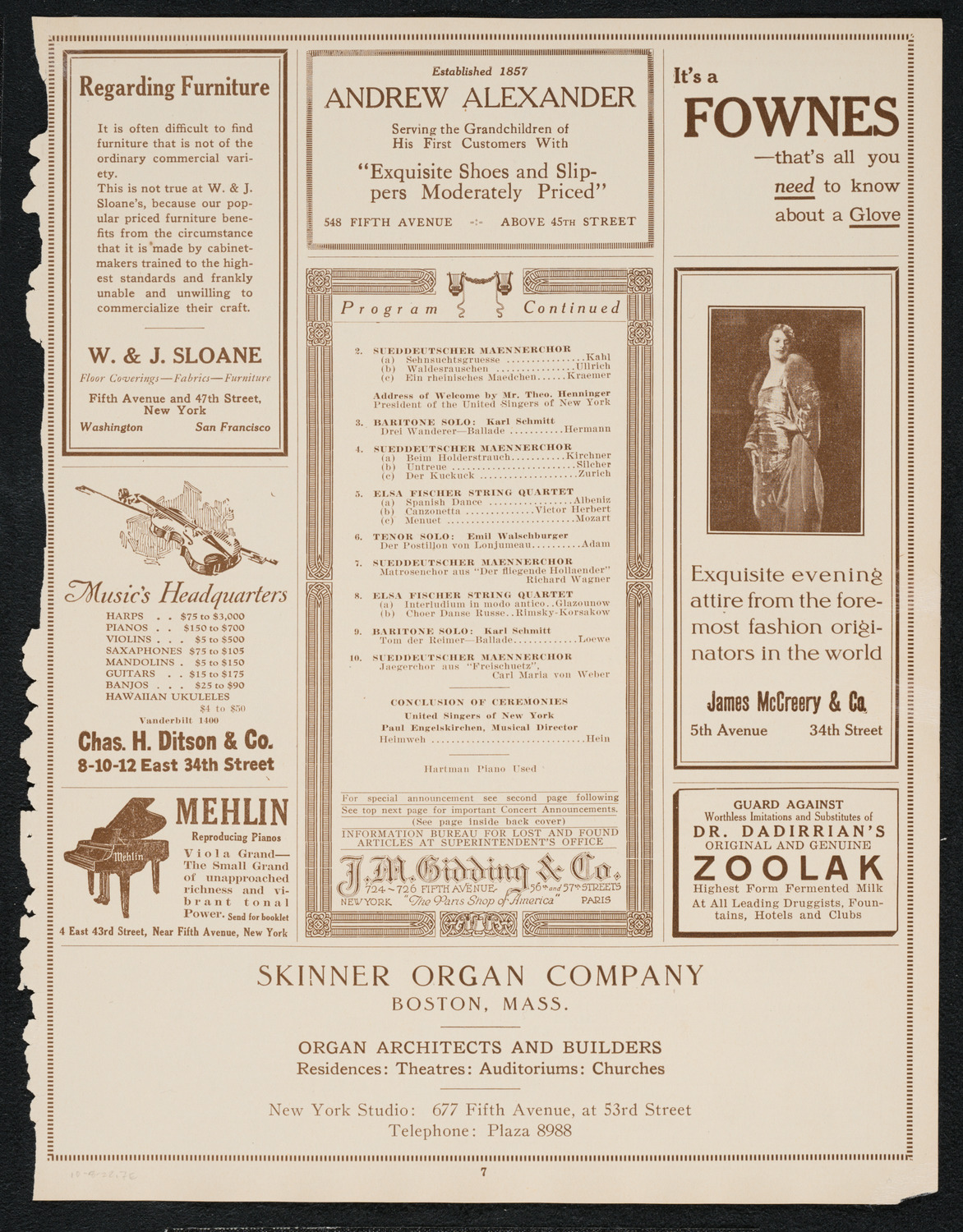 Gala Reception Concert: South-German Male Chorus and others, October 8, 1922, program page 7