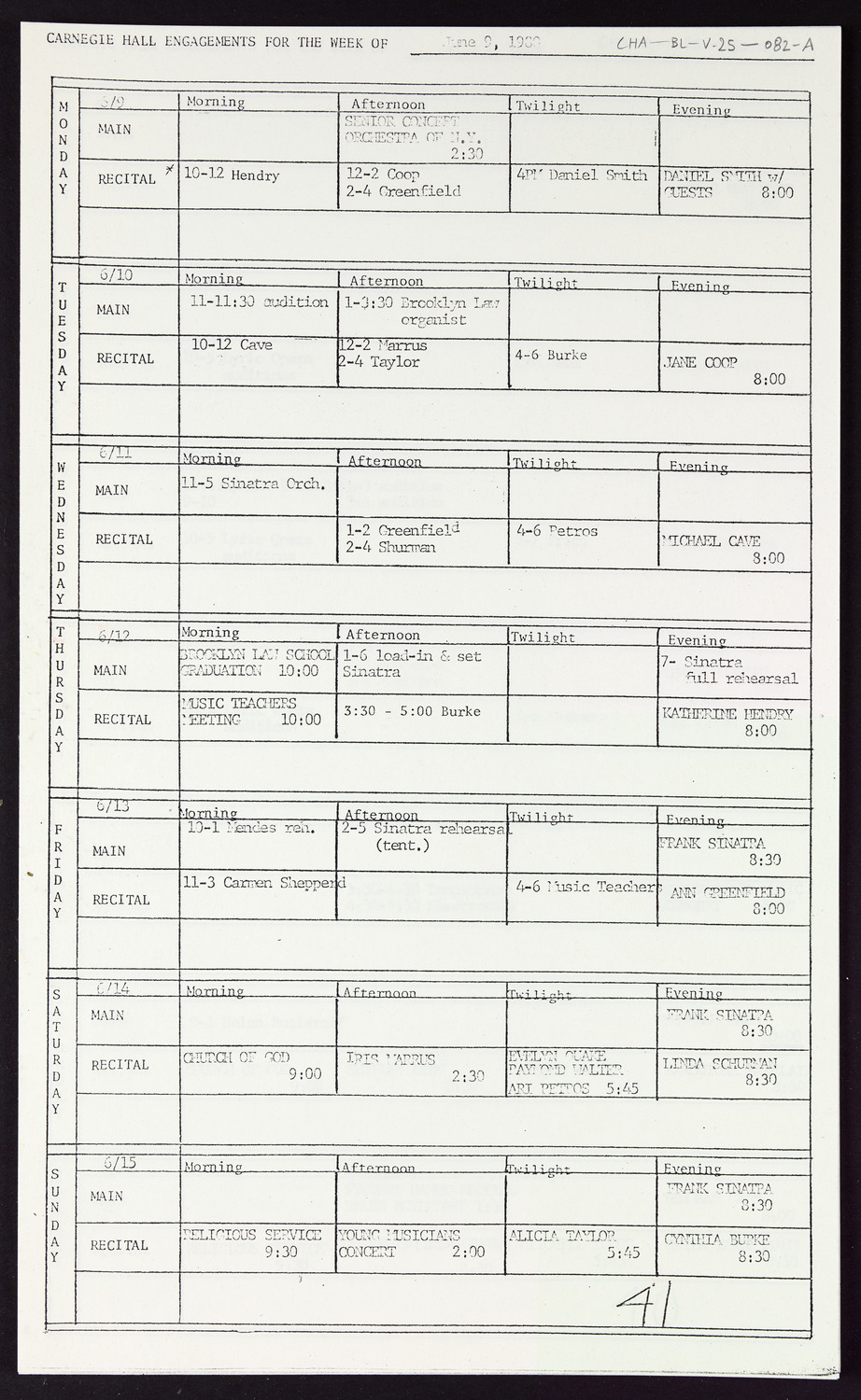 Carnegie Hall Booking Ledger, volume 25, page 82a