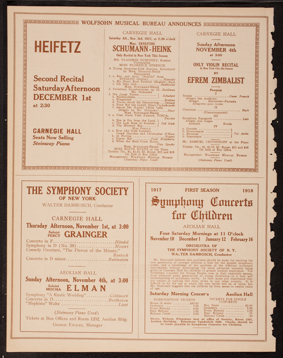 Fritz Kreisler, Violin, October 28, 1917, program page 8