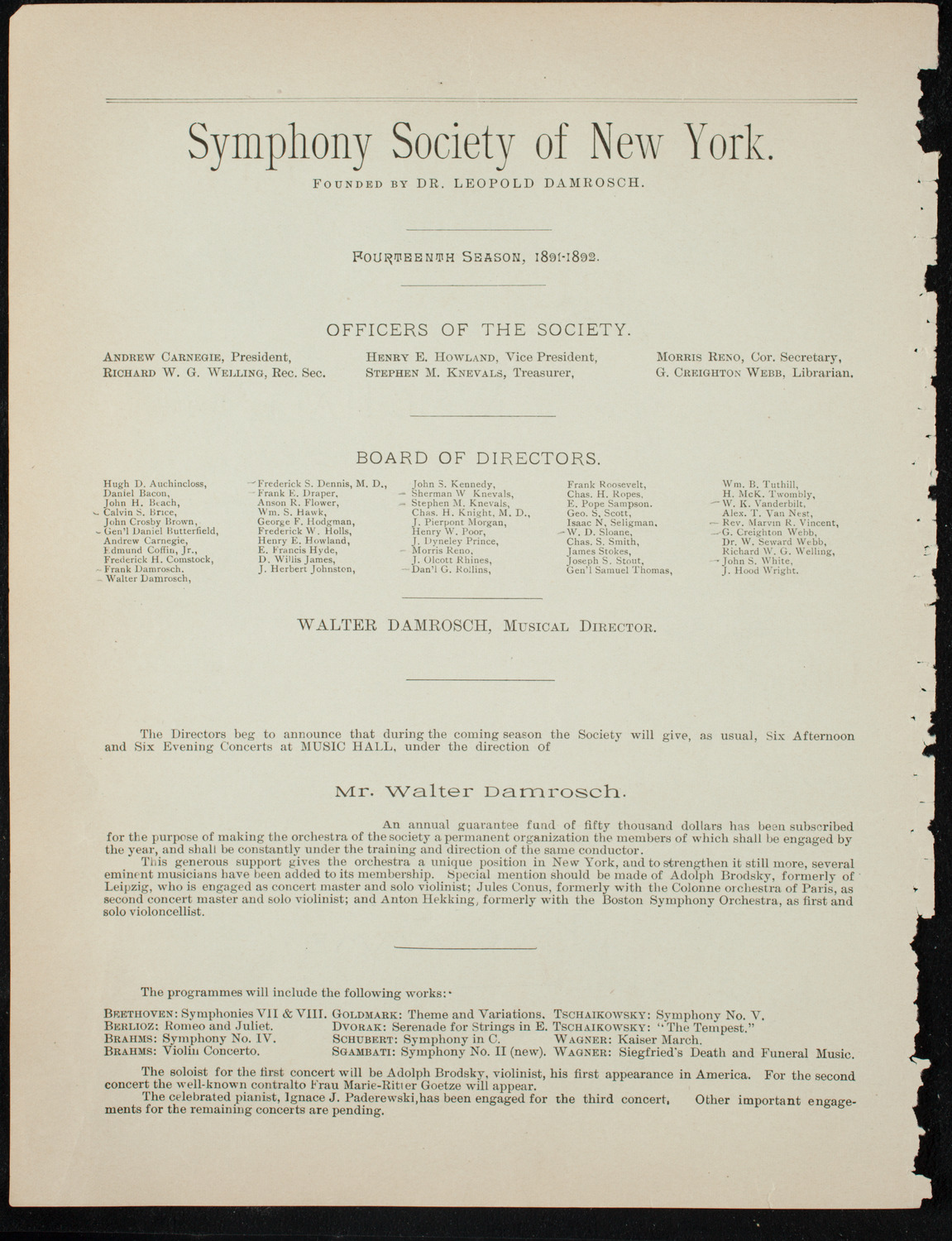 Damrosch Sunday Concert, November 15, 1891, program page 2