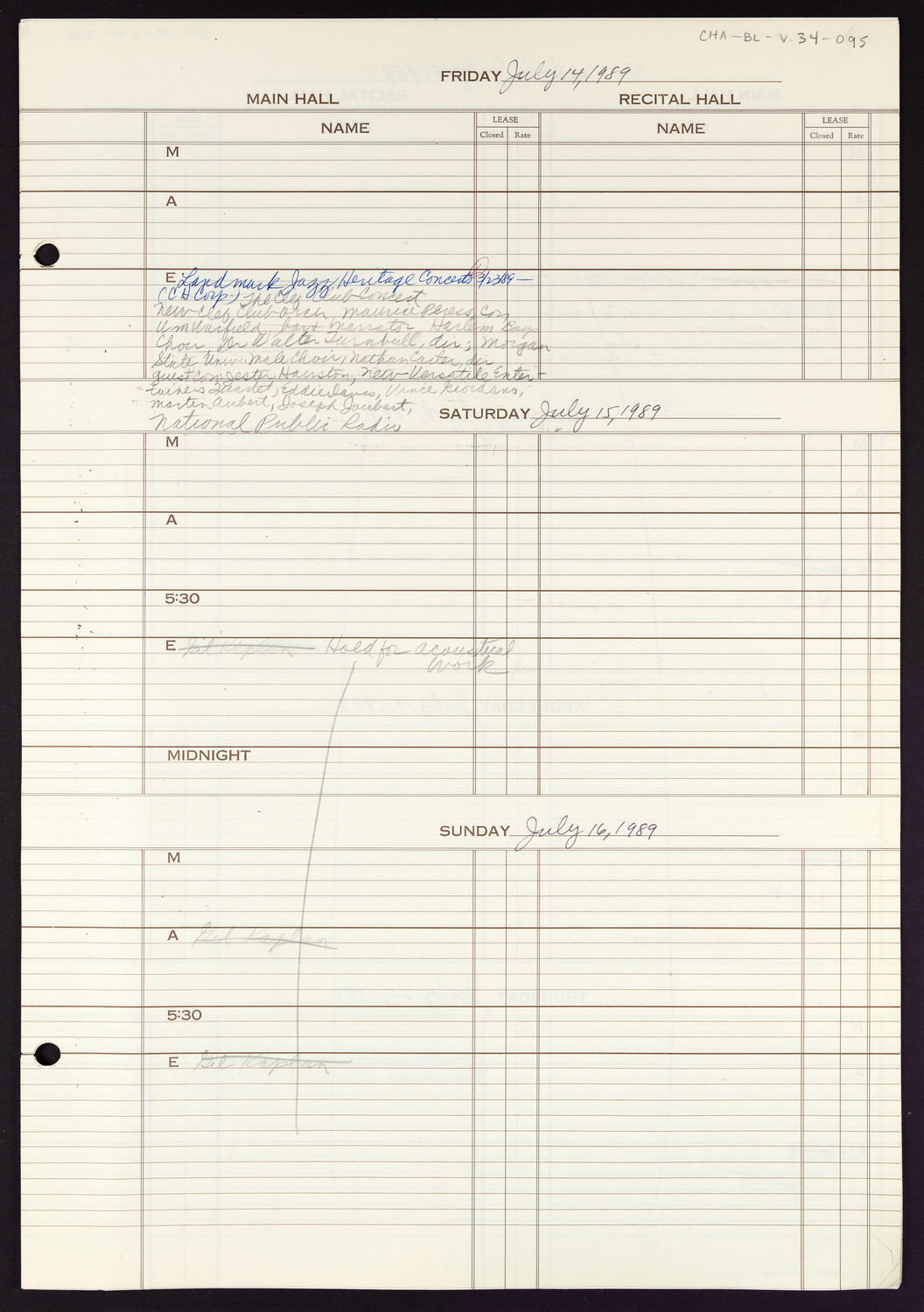 Carnegie Hall Booking Ledger, volume 34, page 95