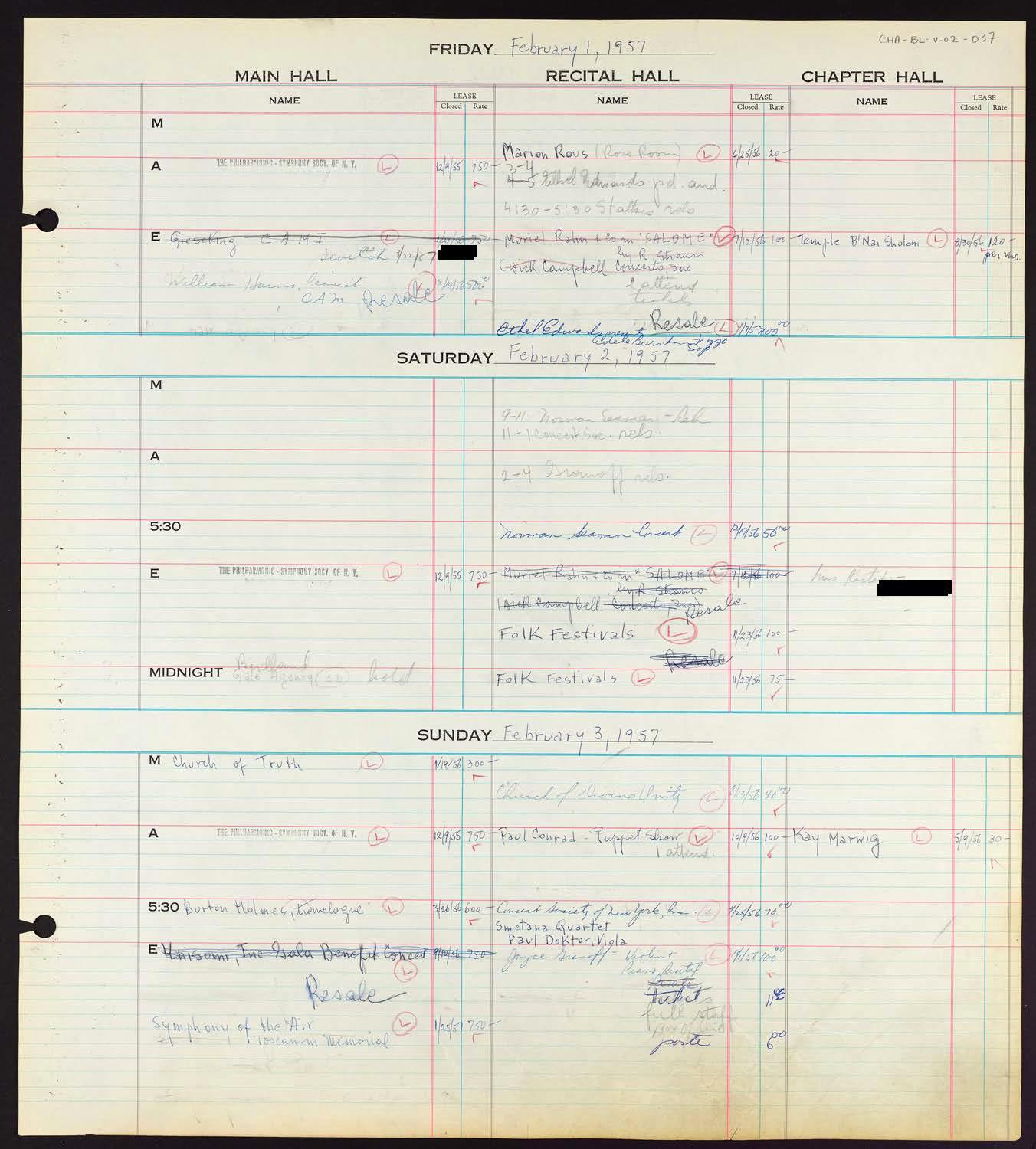 Carnegie Hall Booking Ledger, volume 2, page 37