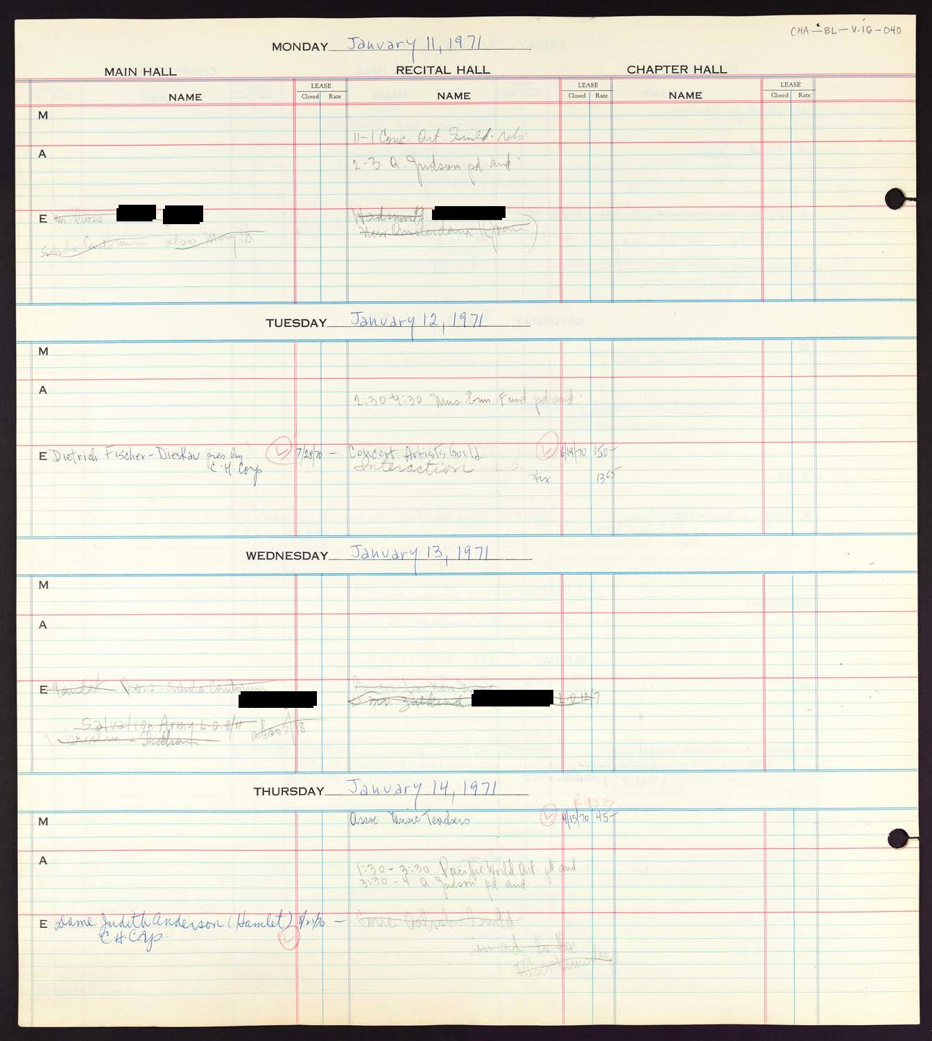 Carnegie Hall Booking Ledger, volume 16, page 40