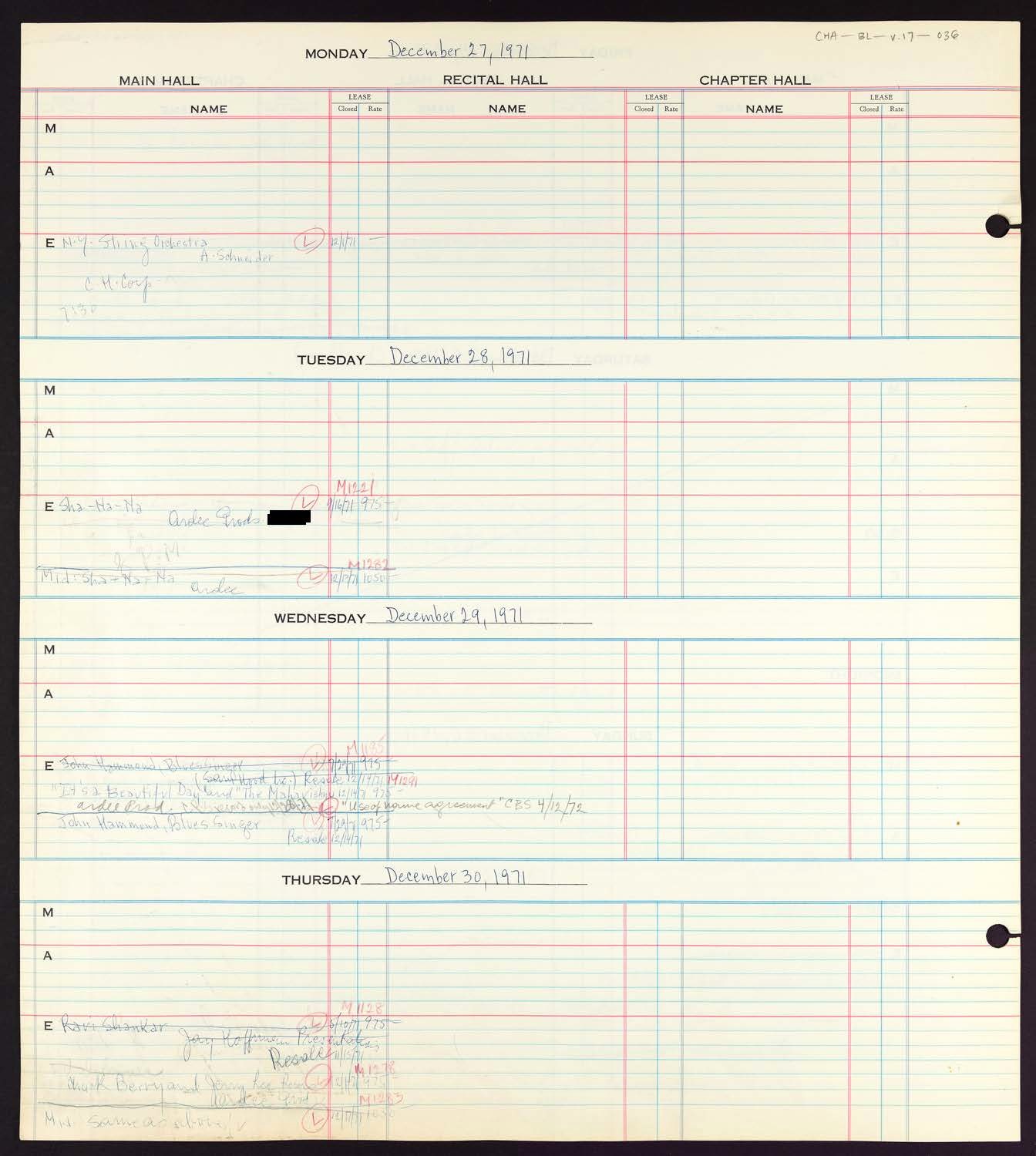 Carnegie Hall Booking Ledger, volume 17, page 36