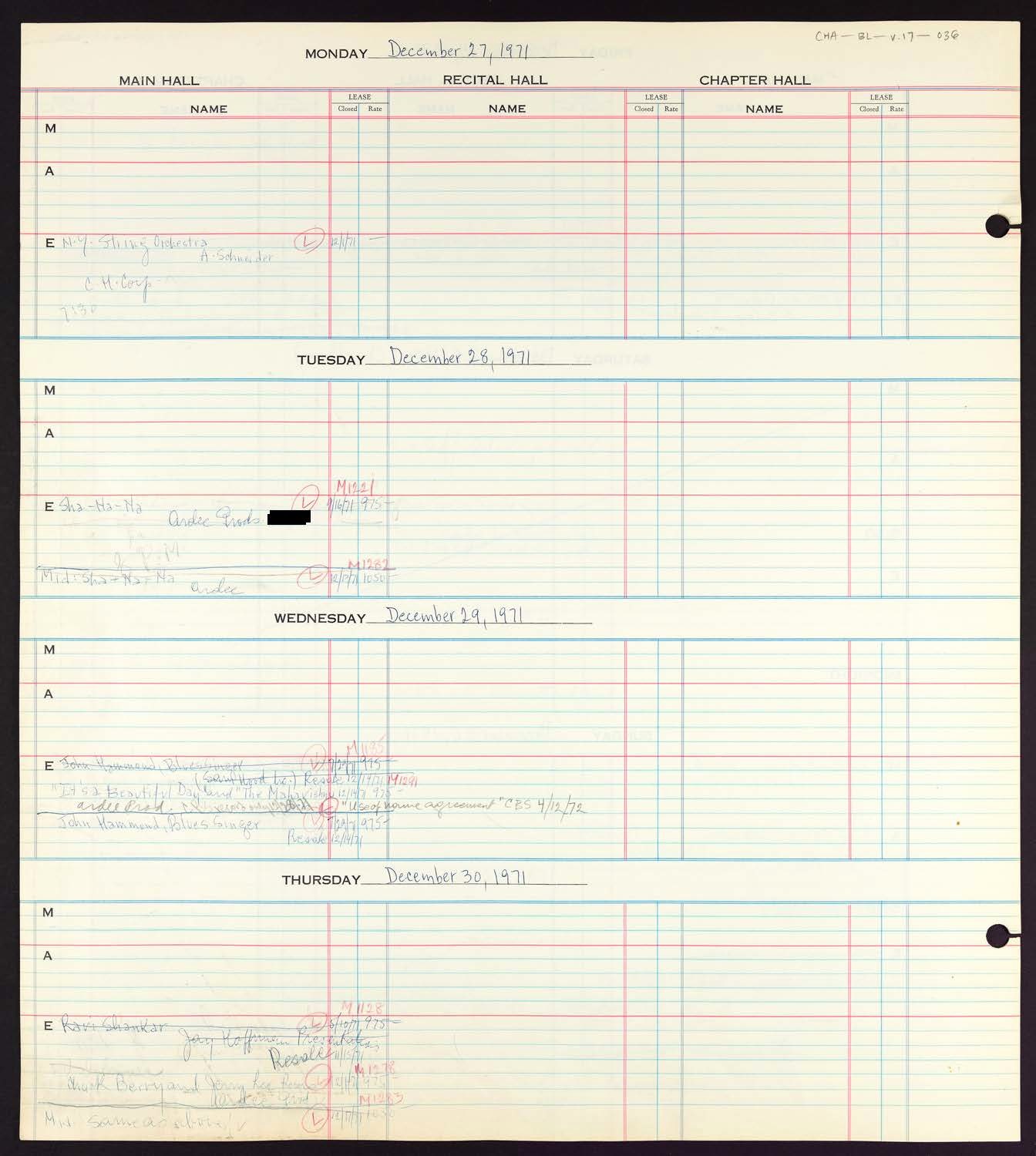 Carnegie Hall Booking Ledger, volume 17, page 36