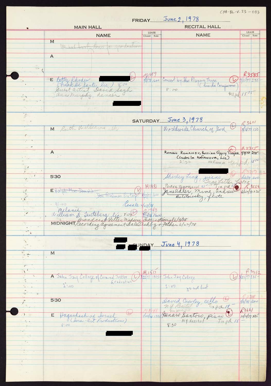 Carnegie Hall Booking Ledger, volume 23, page 83