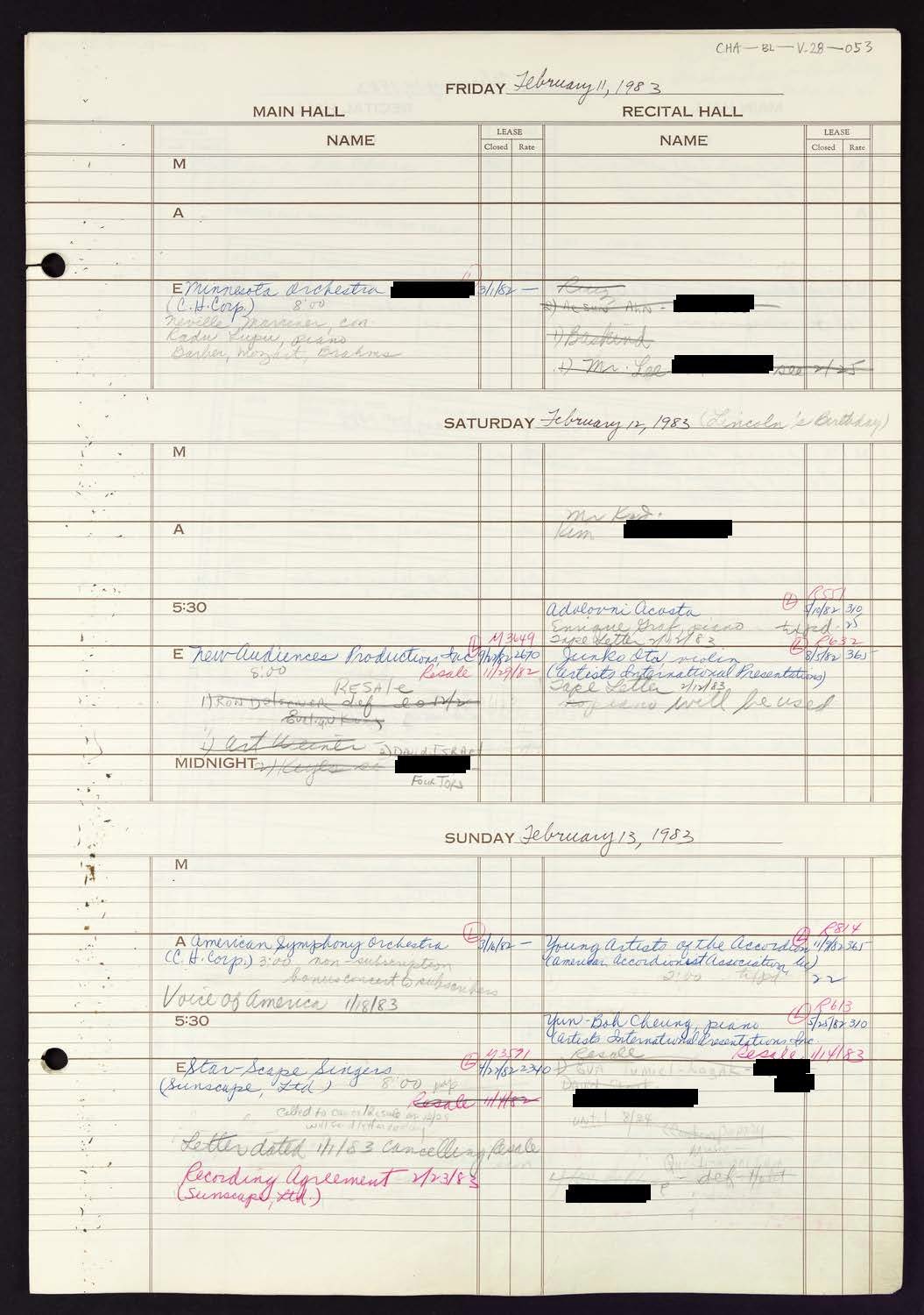 Carnegie Hall Booking Ledger, volume 28, page 53