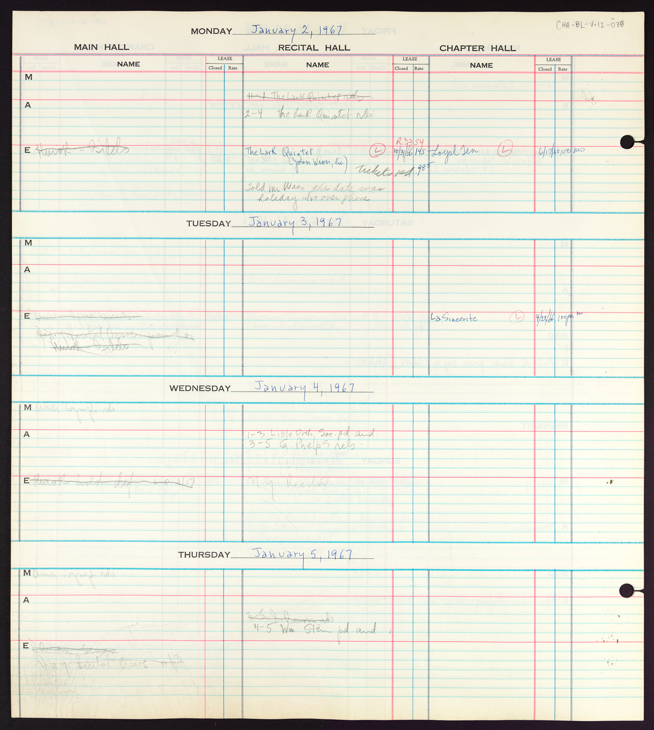 Carnegie Hall Booking Ledger, volume 12, page 38