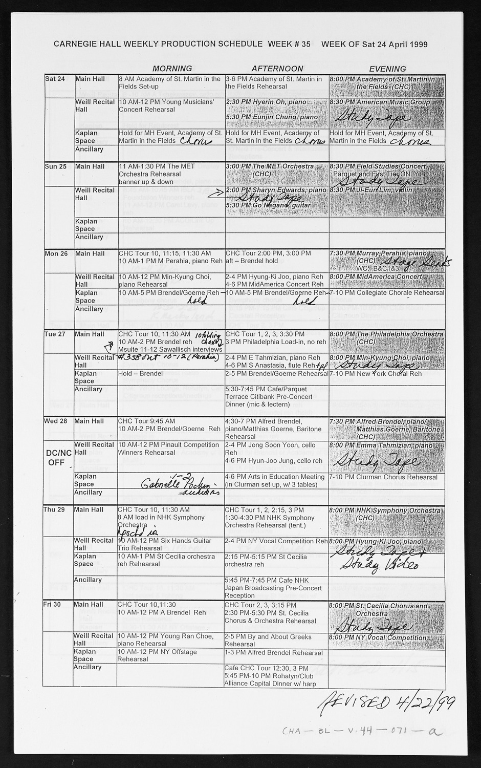 Carnegie Hall Booking Ledger, volume 44, page 71a