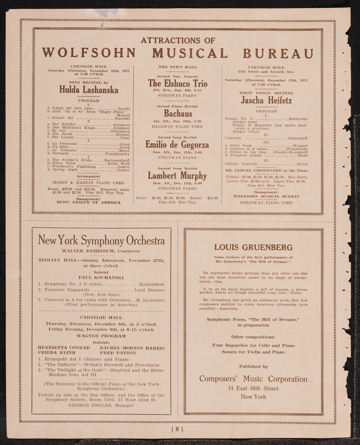 Cancelled Concert: Feodor Chaliapin, November 23, 1921, program page 8