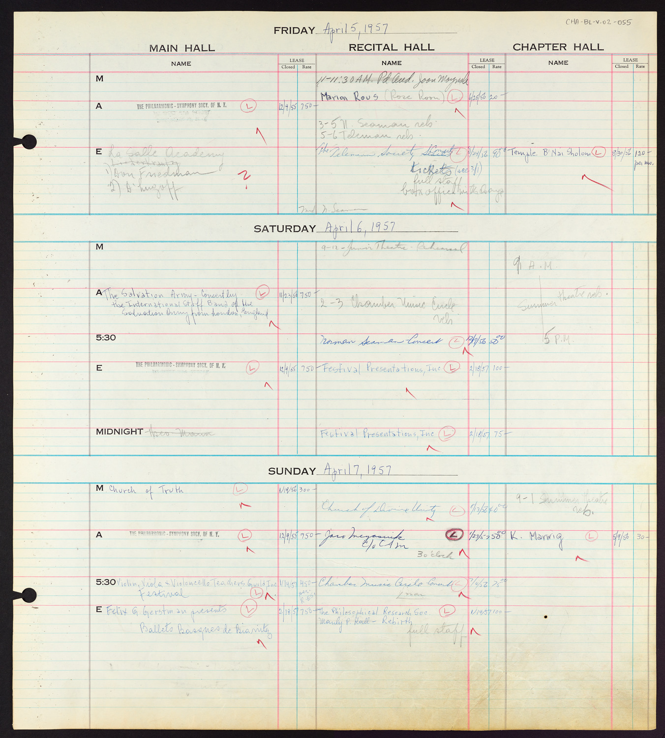 Carnegie Hall Booking Ledger, volume 2, page 55