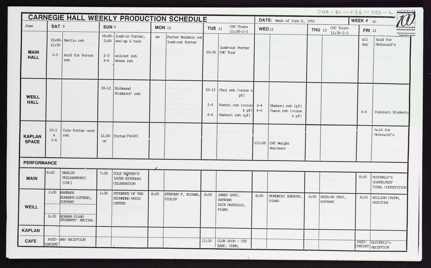 Carnegie Hall Booking Ledger, volume 36, page 83a