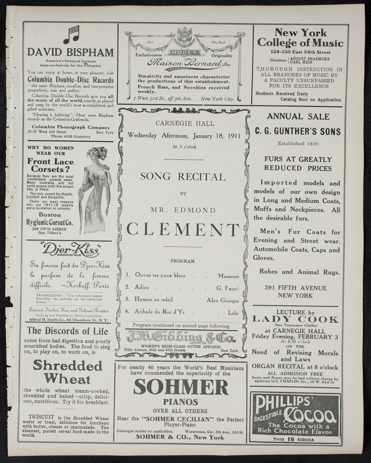 Edmond Clement, Tenor, January 18, 1911, program page 5