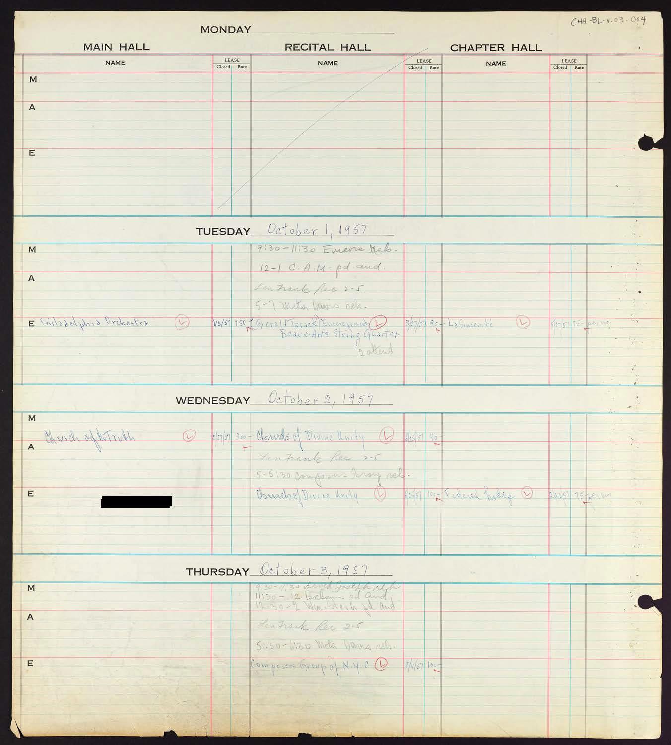 Carnegie Hall Booking Ledger, volume 3, page 4