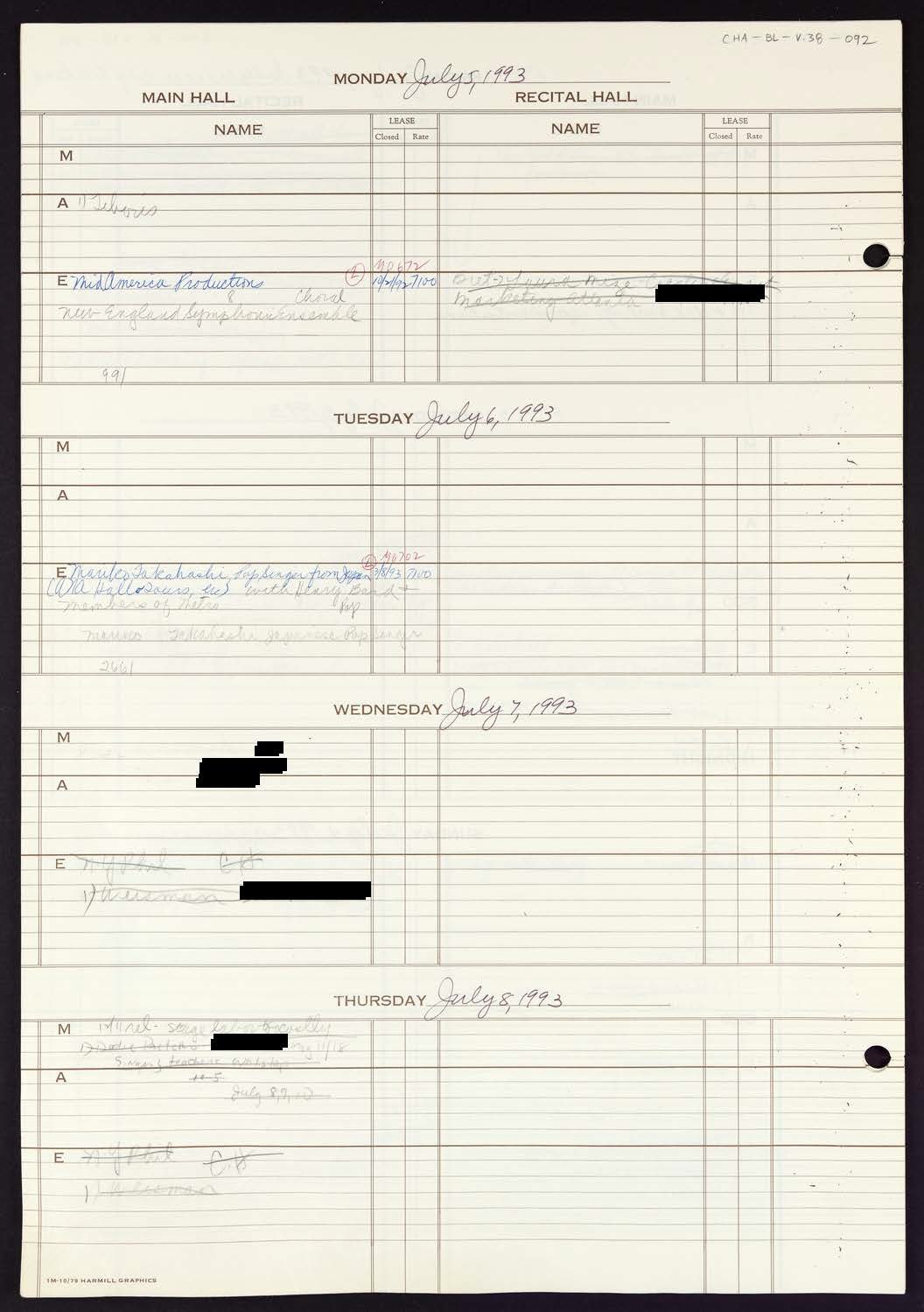 Carnegie Hall Booking Ledger, volume 38, page 92