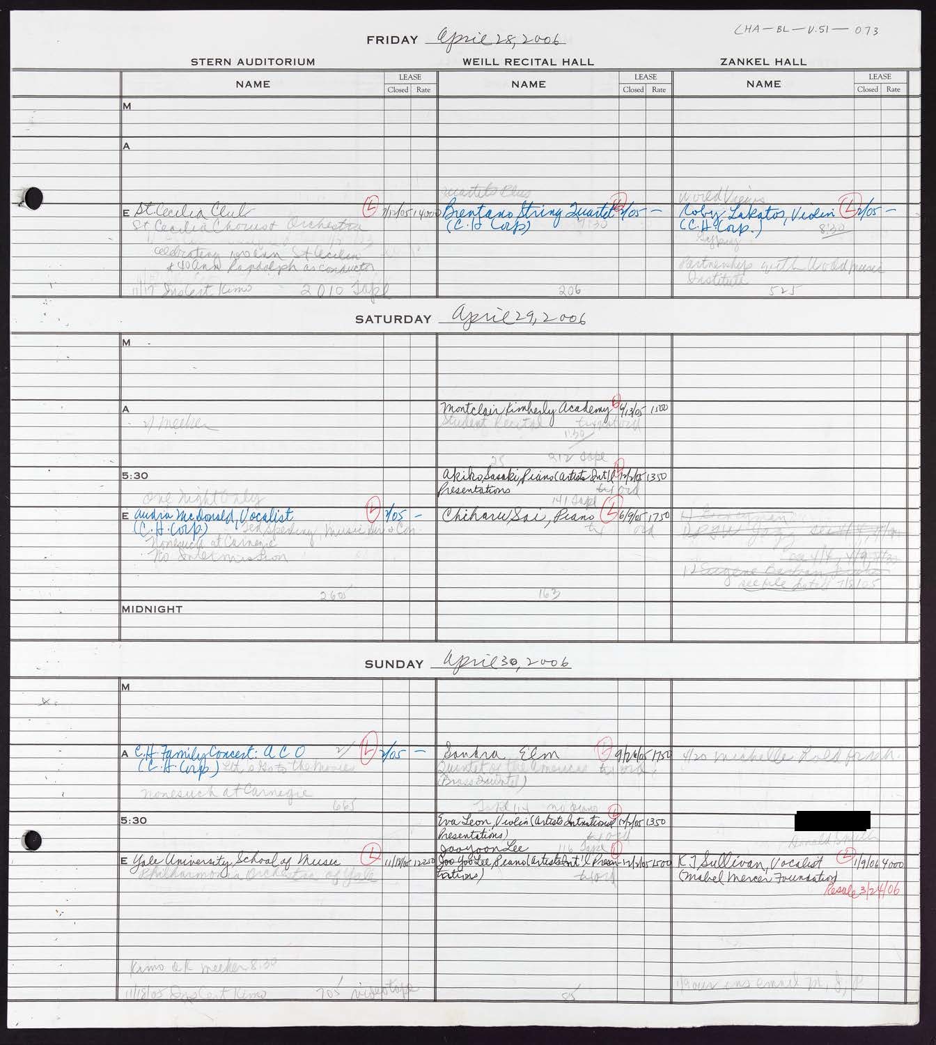 Carnegie Hall Booking Ledger, volume 51, page 73