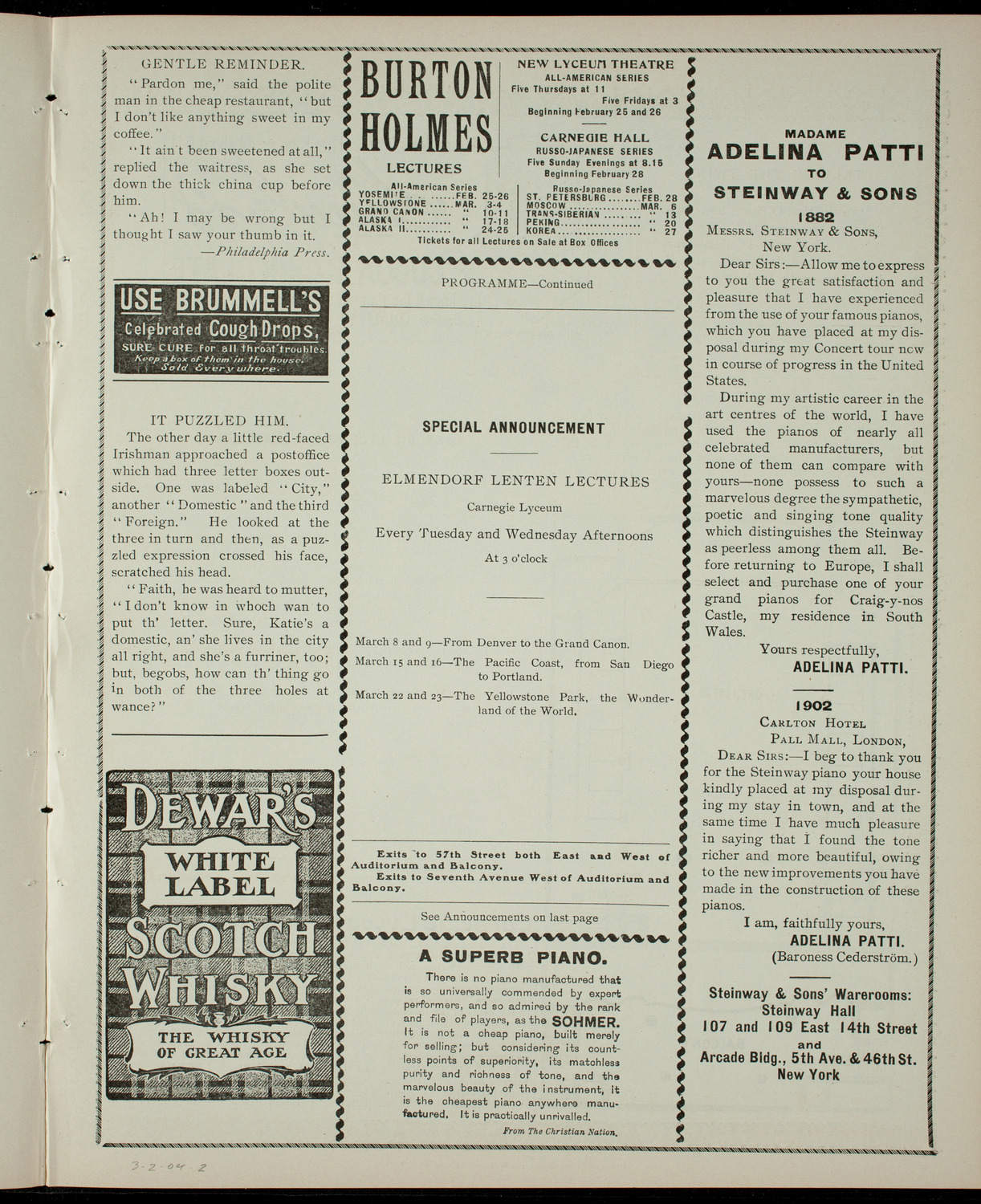 Elmendorf Lecture, March 2, 1904, program page 3