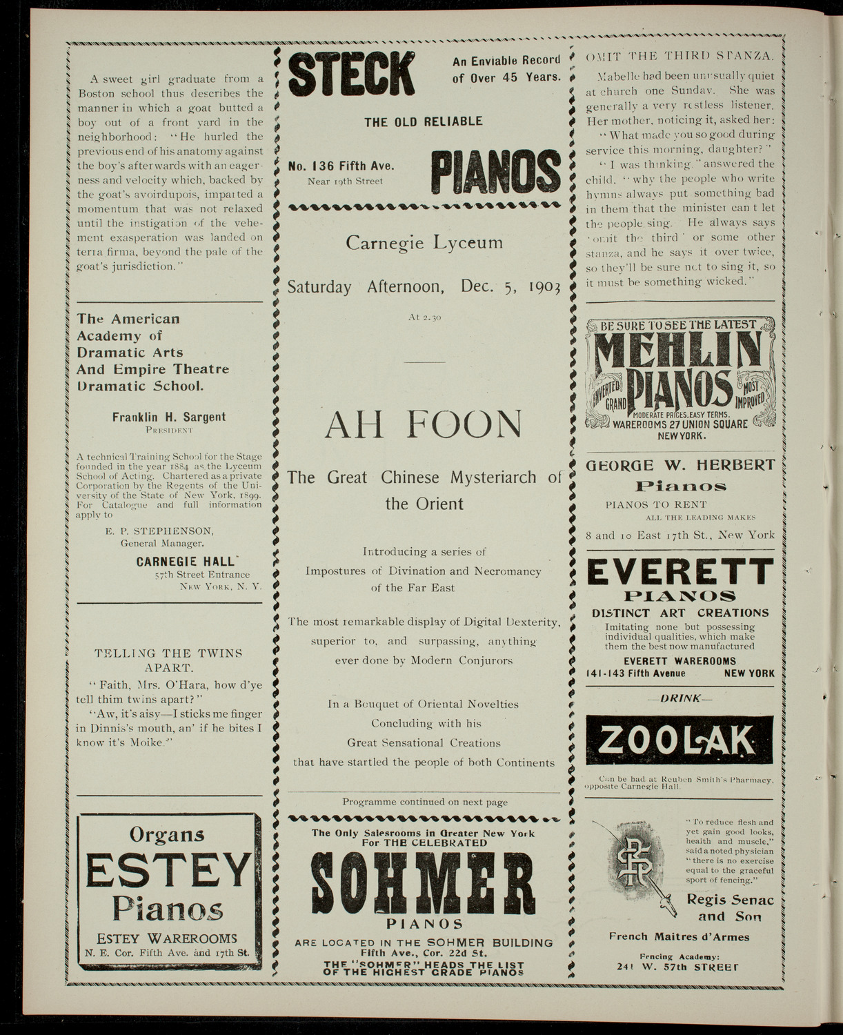 Ah Foon, December 5, 1903, program page 2