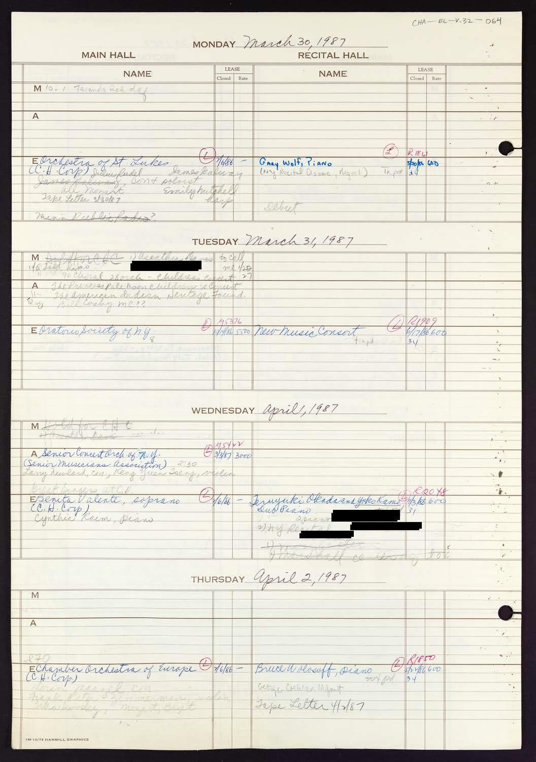 Carnegie Hall Booking Ledger, volume 32, page 64