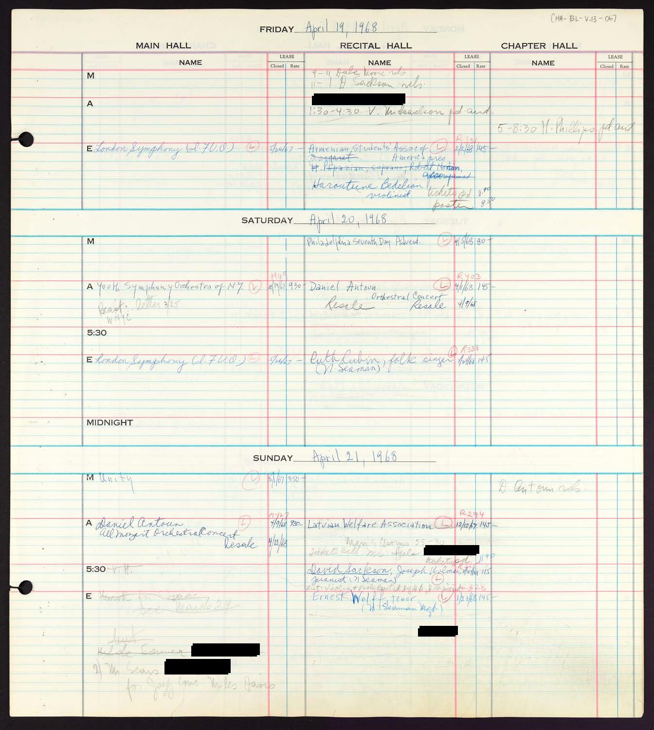 Carnegie Hall Booking Ledger, volume 13, page 67