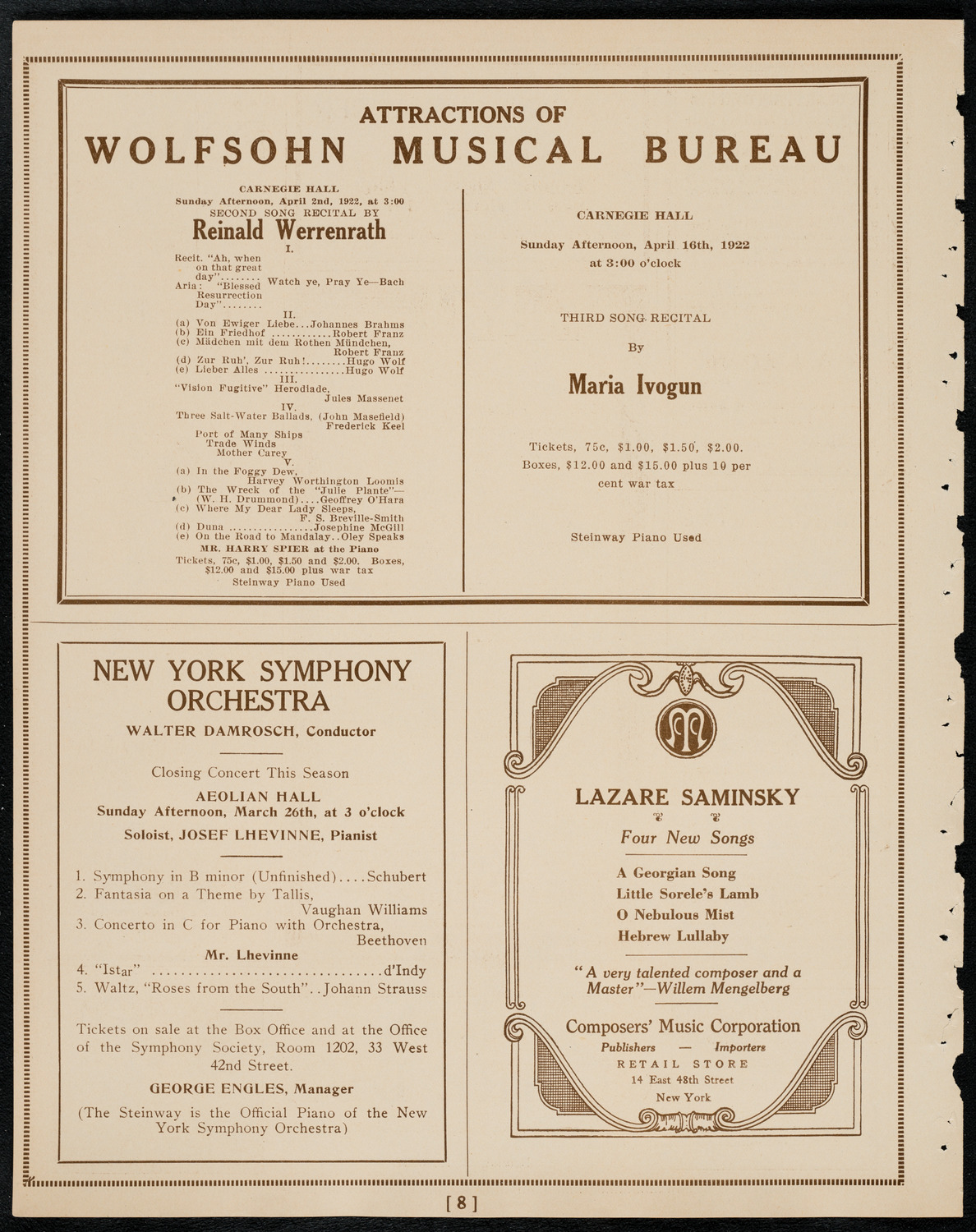 Erna Rubinstein, Violin, March 25, 1922, program page 8