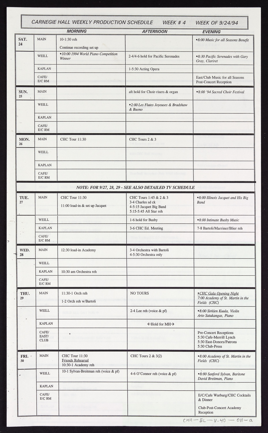 Carnegie Hall Booking Ledger, volume 40, page 11a